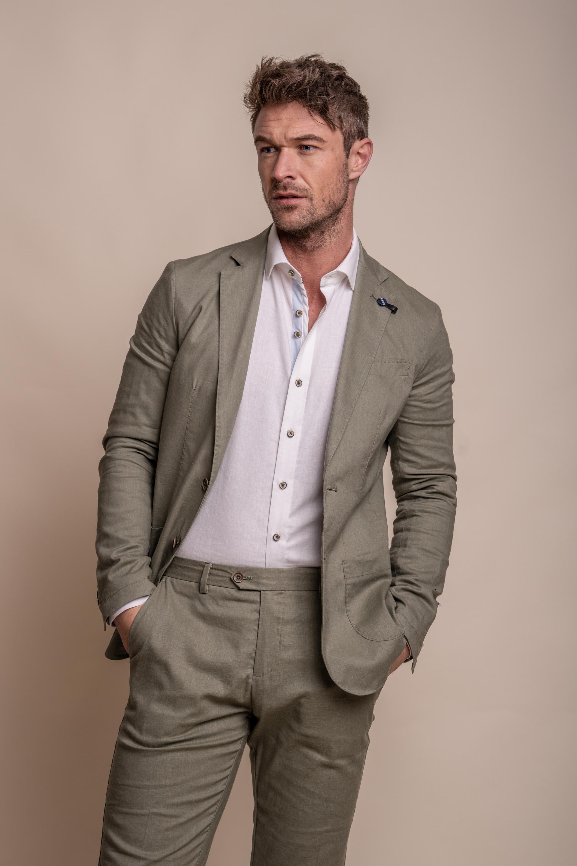 Image of men’s grey textured linen blend slim fit blazer, business casual