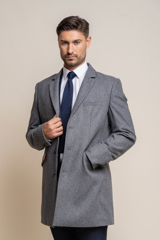 Men’s wool midi coat in grey, ROMAN.
