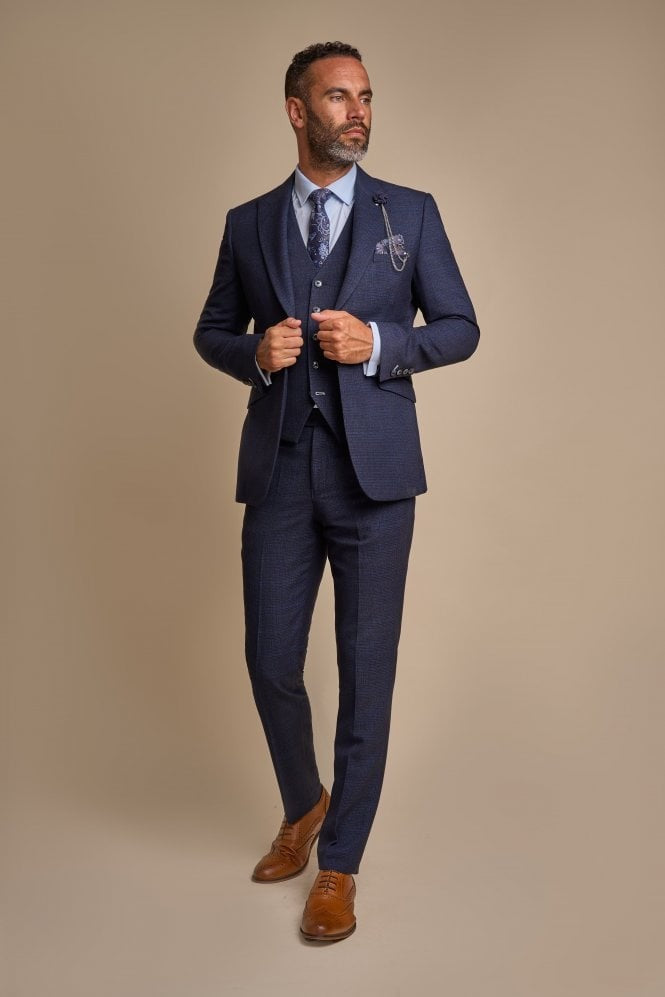 Mens Navy Blue 3 Piece Tweed Glen Check Suit CARIDI