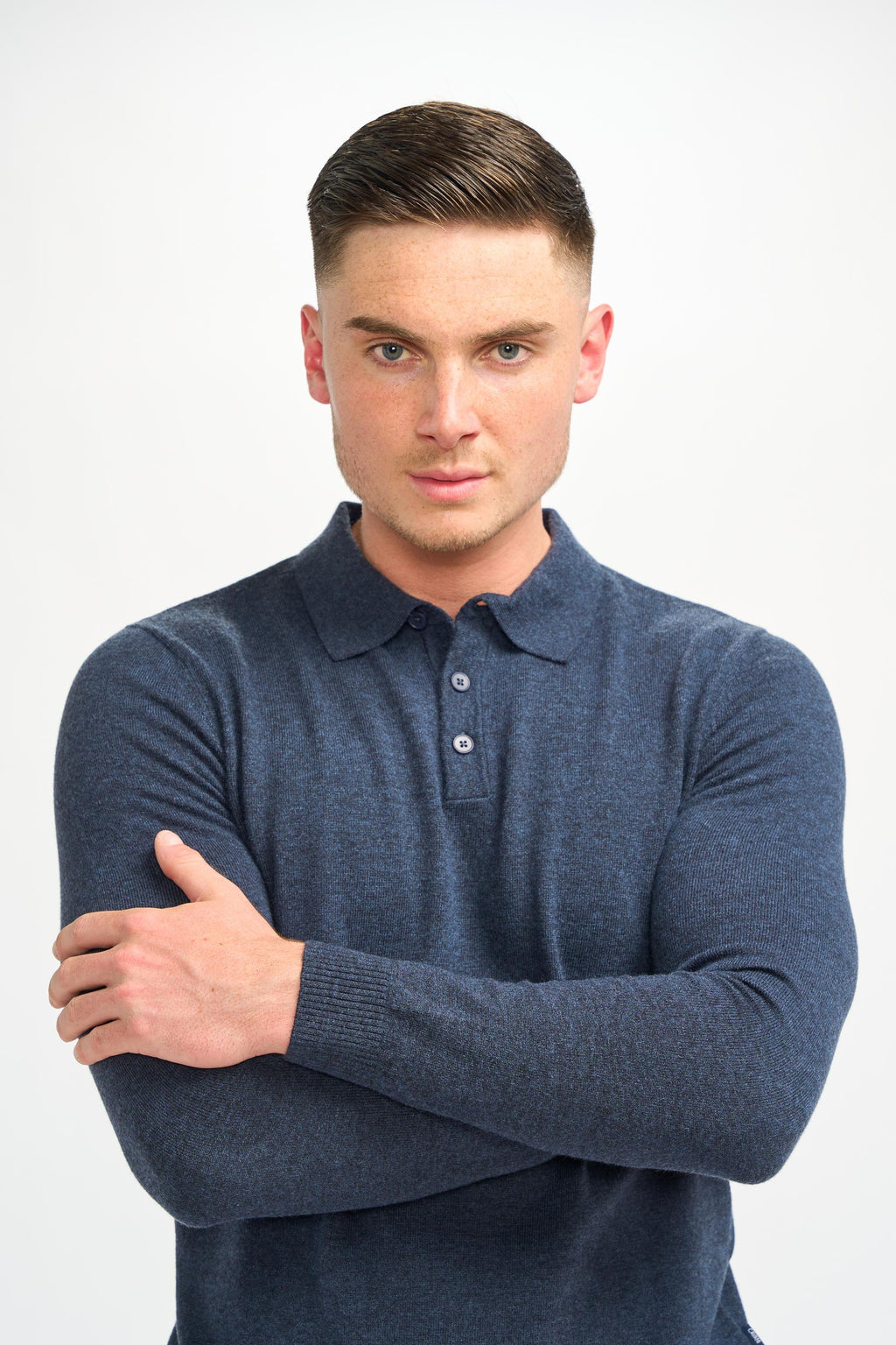 Mens Navy Blue Wool Knit Long Sleeve Polo Shirt BOOM