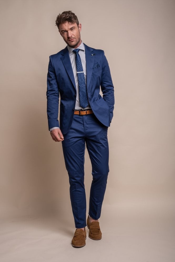 MARIO Electric Blue Men's Cotton Slim Fit Formal Suit