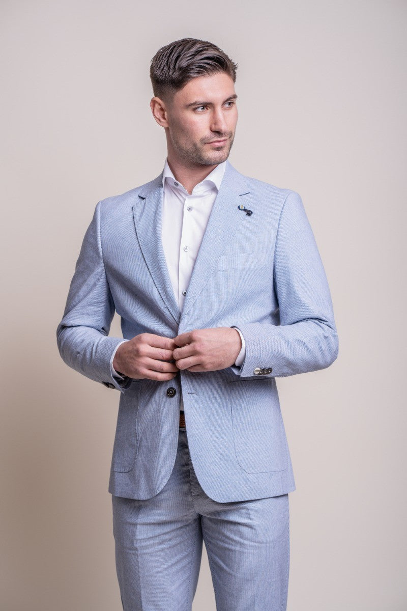 Mens blue slim fit textured suit jacket FREDRIK displayed close