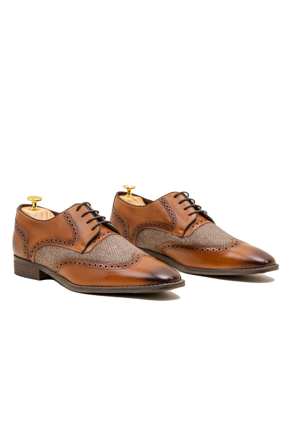 Men's tan brown genuine leather and tweed brogue shoes, FARO.