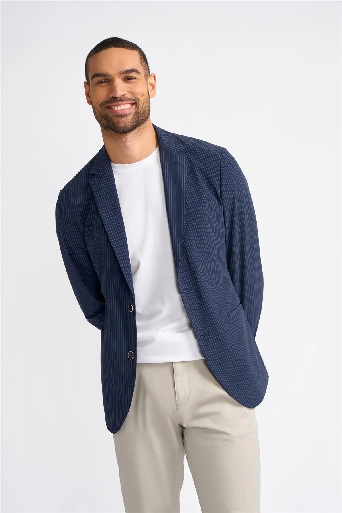 Men’s navy pinstripe formal blazer ODENSE styled for events