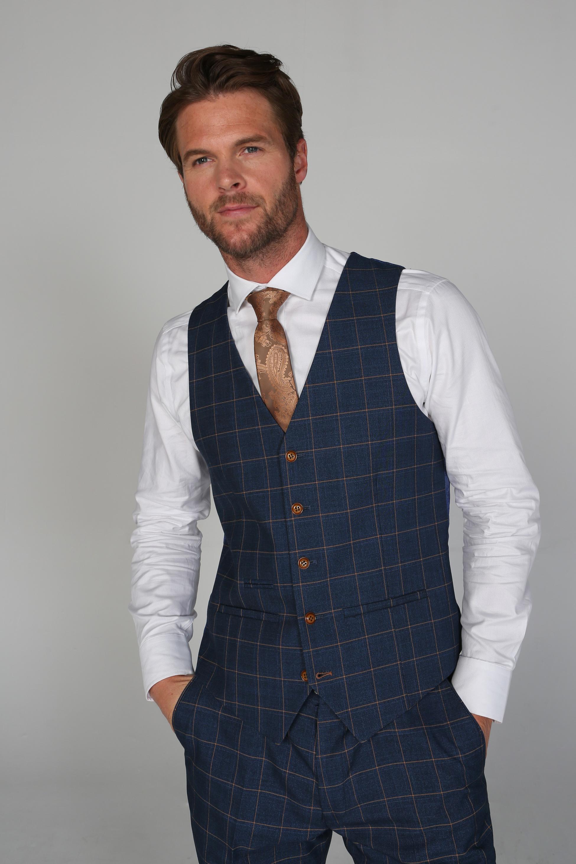 Mens navy windowpane check waistcoat Hamleys