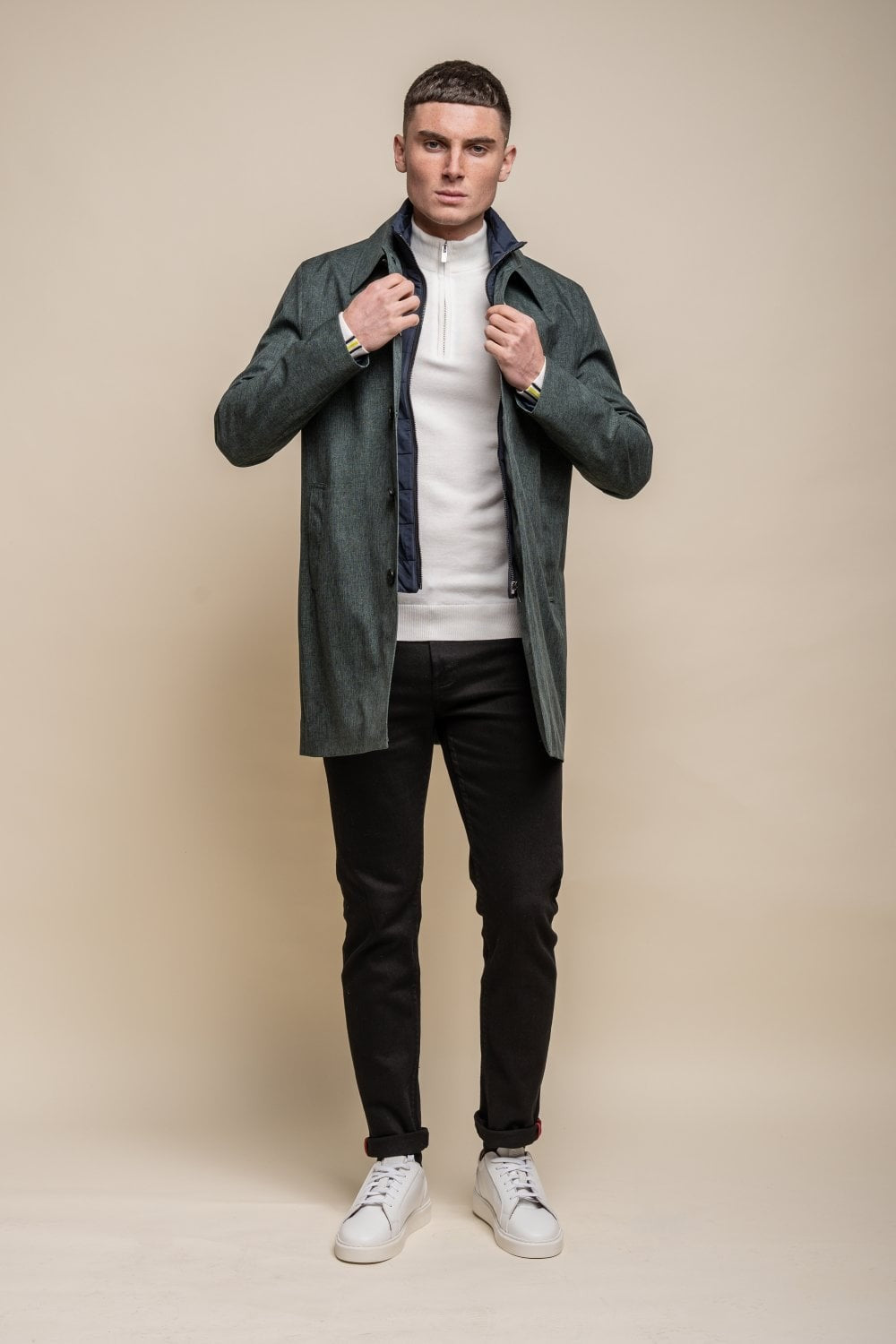 Men's olive green midi-length Geke coat with removable zipper, BRANDO.