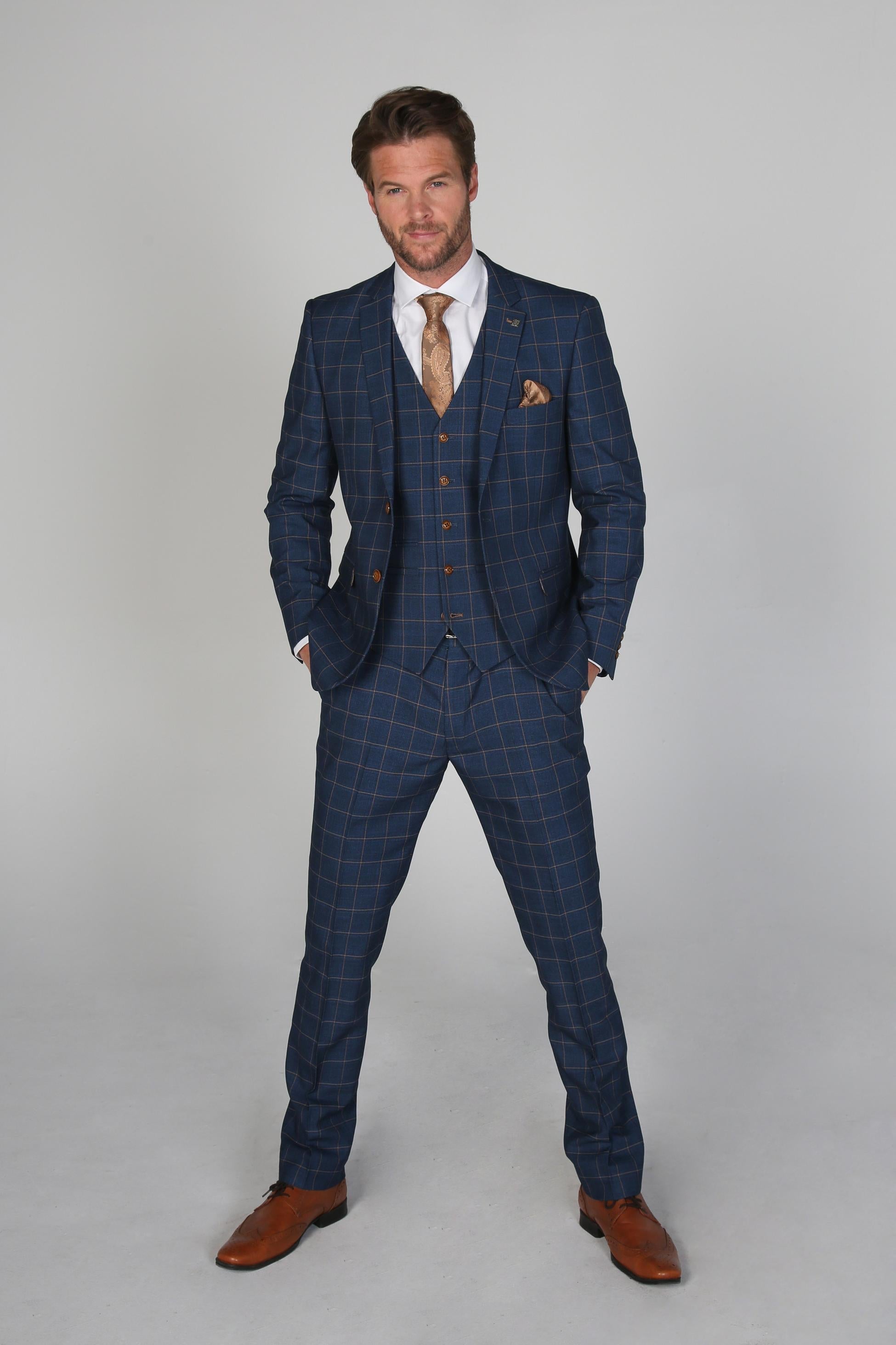 Mens Cornflower Blue Tailored Fit Windowpane Check Suit HAMLEYS