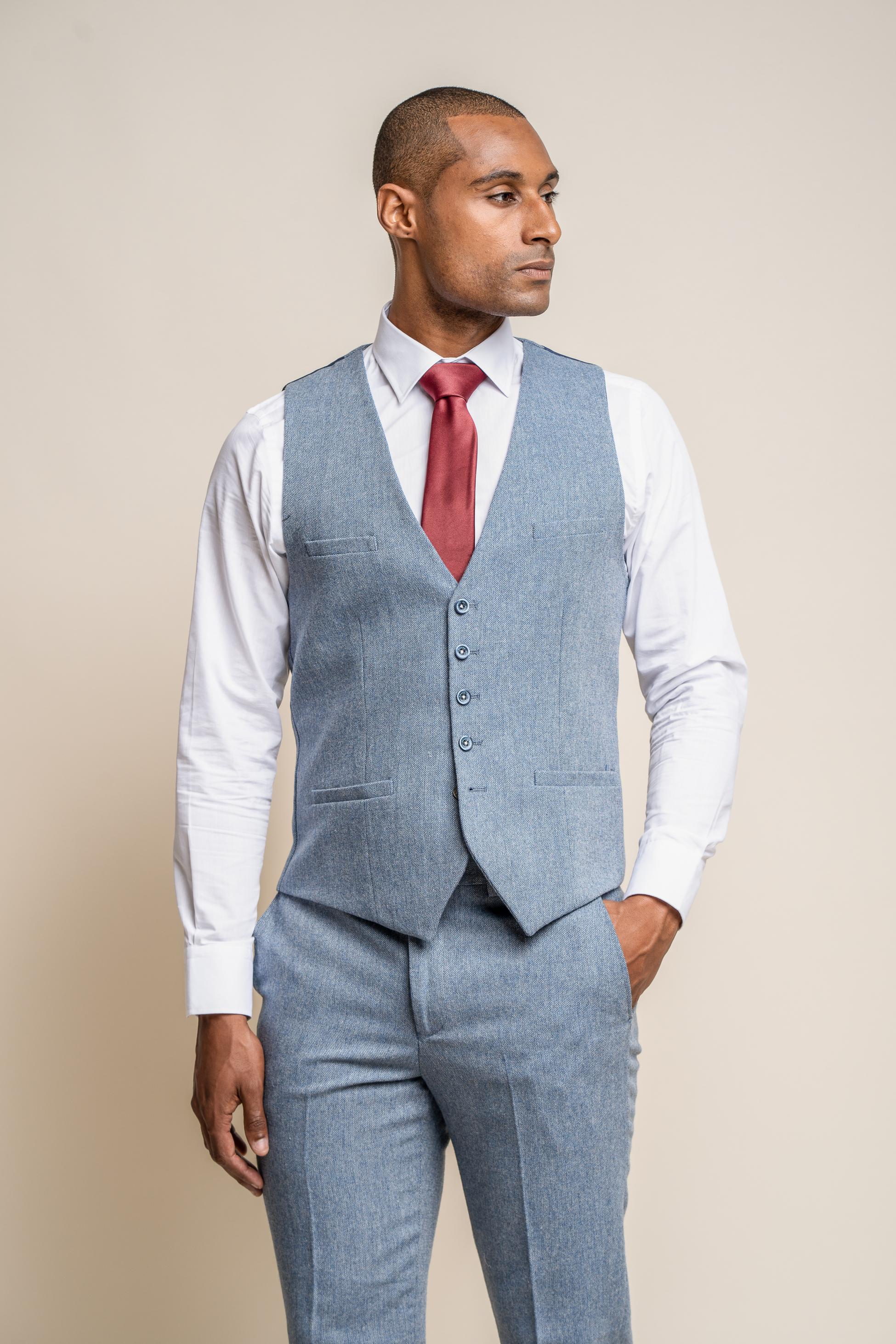 Mens light blue tweed slim fit waistcoat Wells