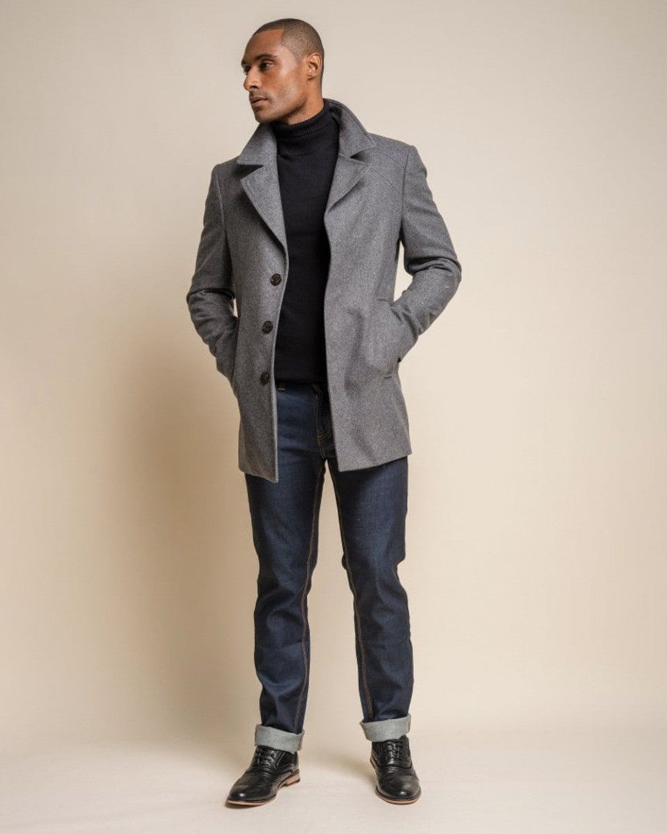 Men's stale grey wool-blend mid-length coat, NELSON.