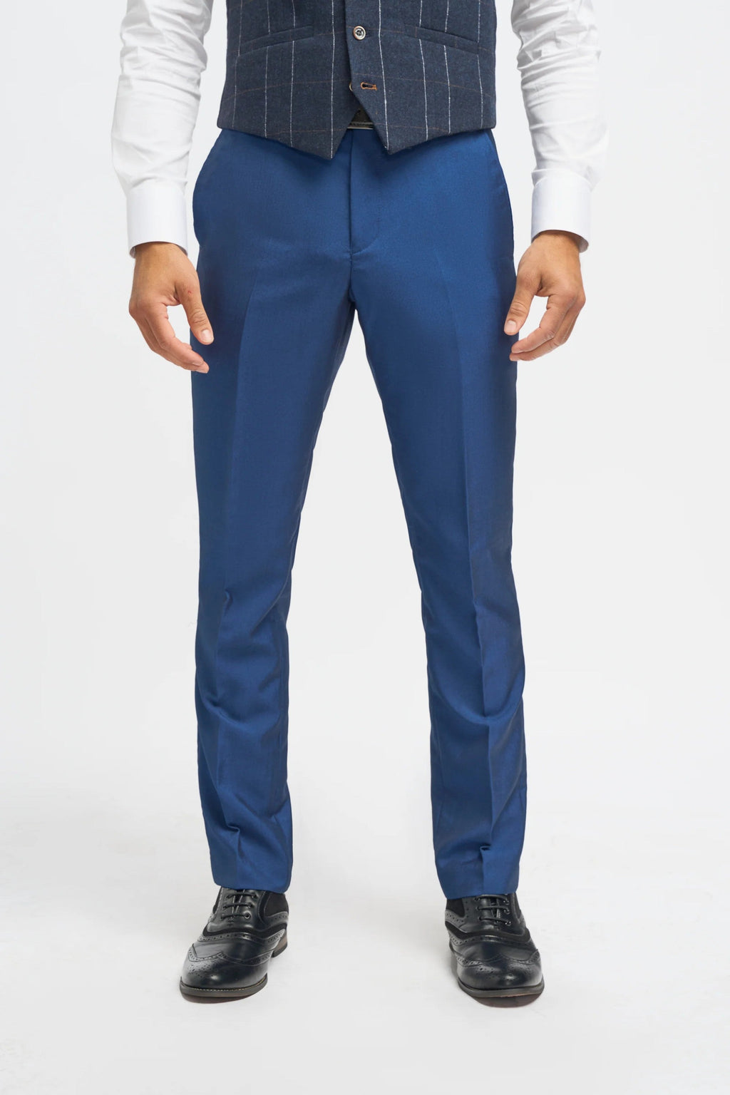 Royal Blue Men's 3-Piece Slim Fit Suit with Navy Blue Windowpane Check Tweed Waistcoat