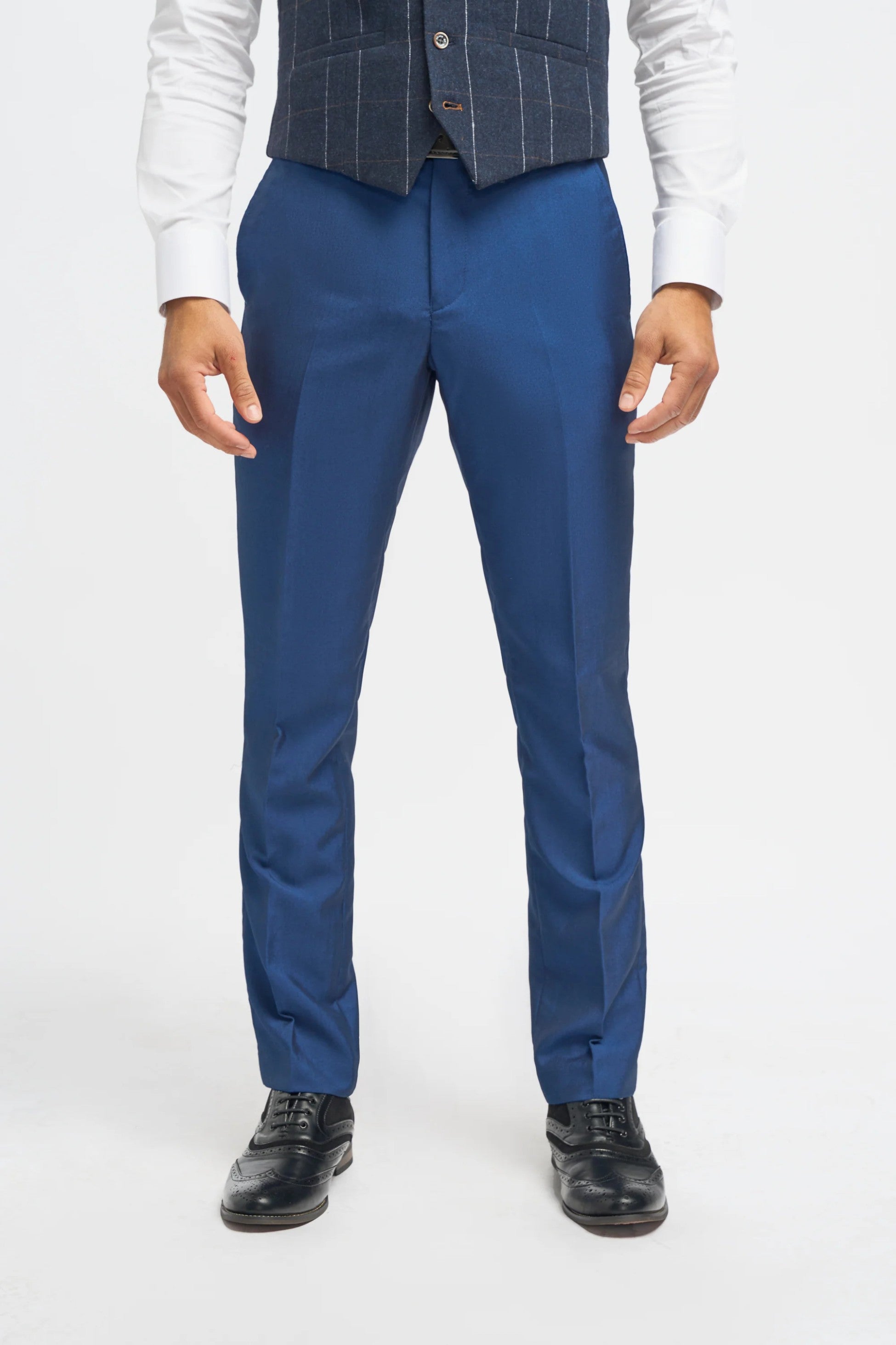 Royal Blue Men's 3-Piece Slim Fit Suit with Navy Blue Windowpane Check Tweed Waistcoat