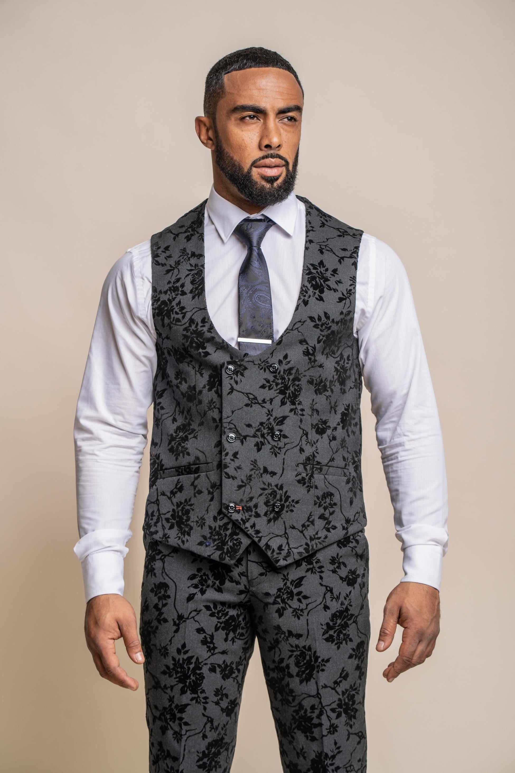 Mens black velvet floral embroidered waistcoat Georgi