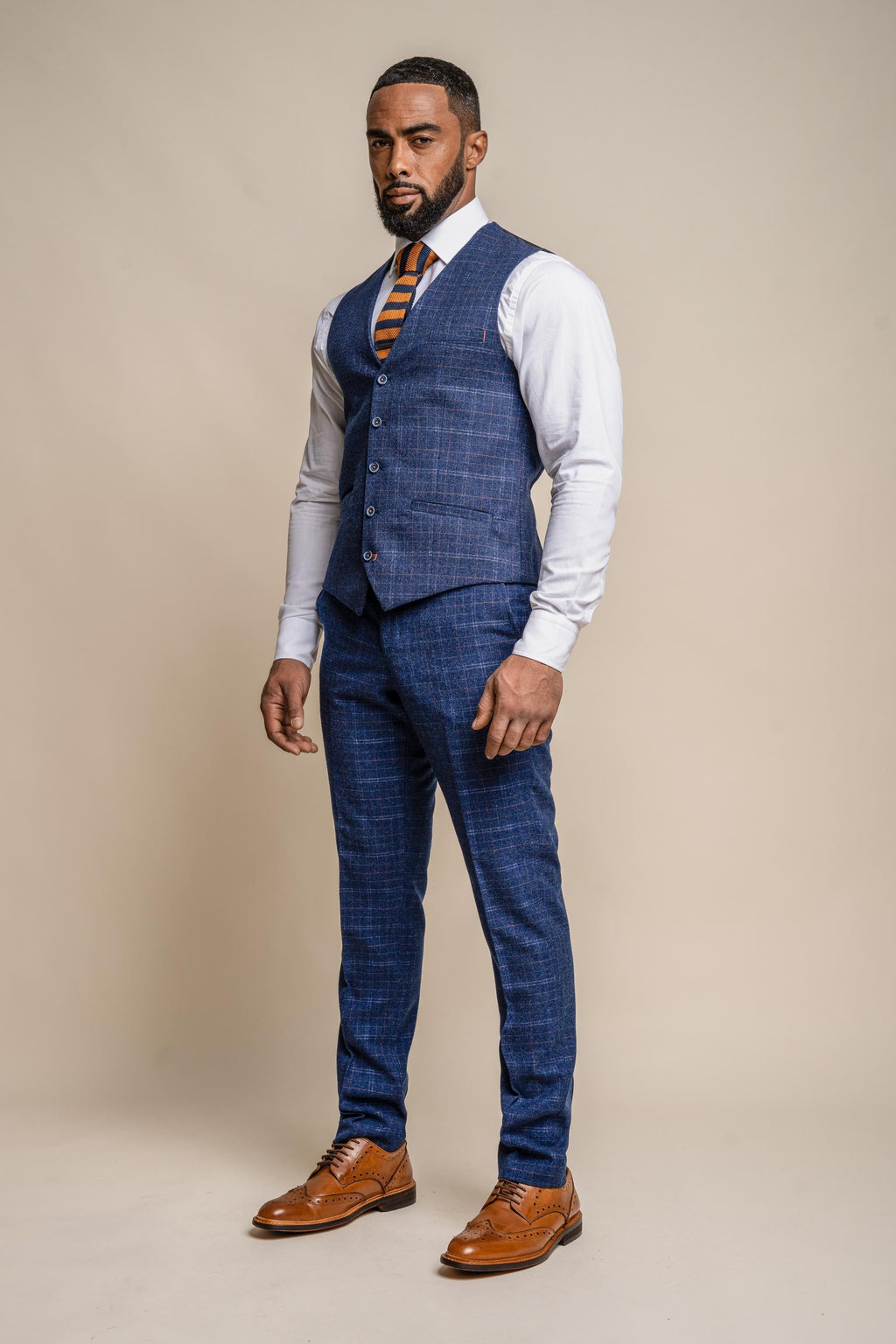 Mens Navy Tweed Check Slim Fit Waistcoat KAISER