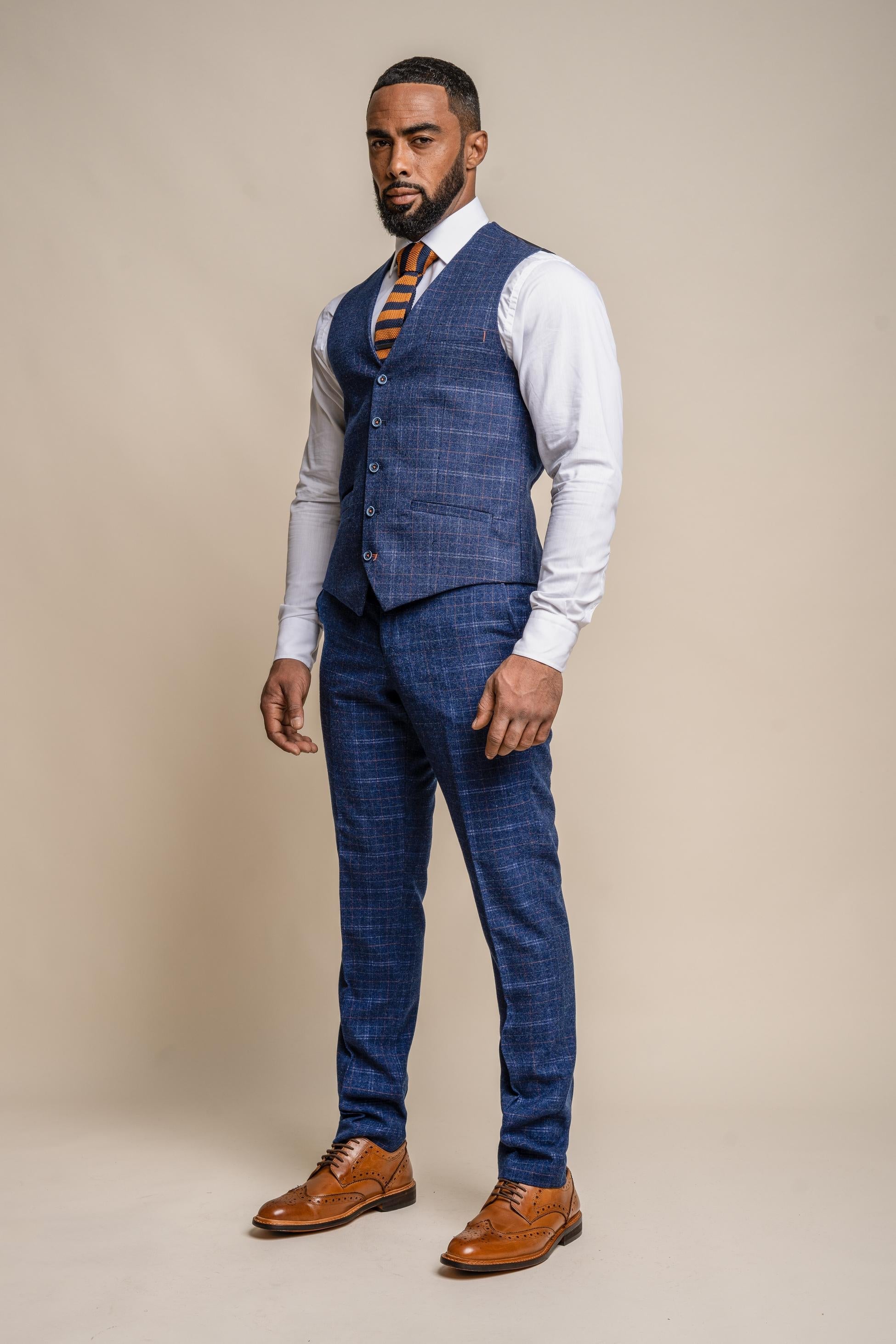 Mens Navy Tweed Check Slim Fit Waistcoat KAISER