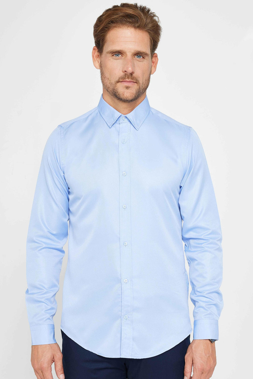 Mens Poly Sky Blue Slim Fit Long Sleeve Dress Shirt