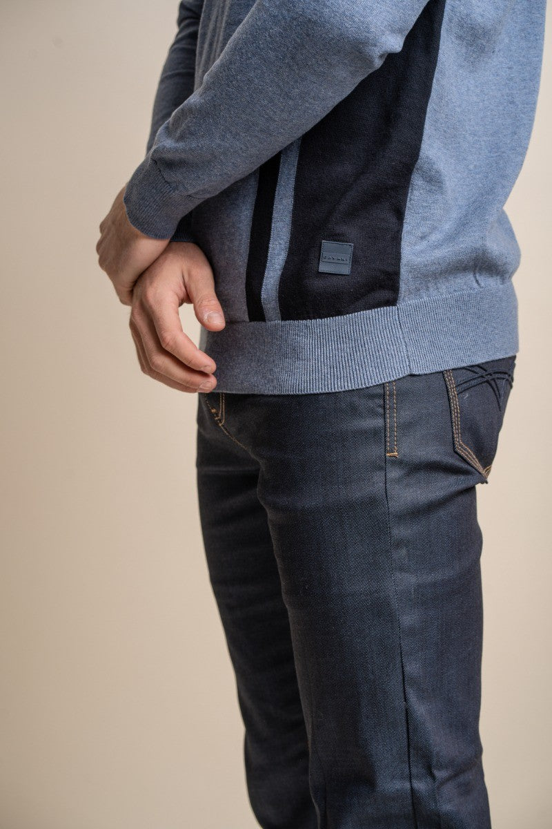 Mens Mid Blue Cotton Polo Side Stripe Jumper DIABLO