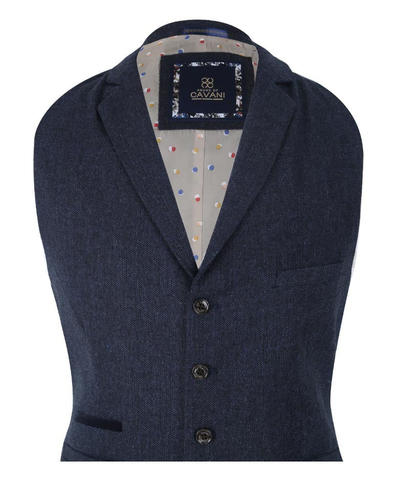 Mens Navy Herringbone Tweed Slim Fit Waistcoat MARTEZ