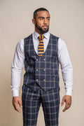 Mens navy retro check double breasted waistcoat Hardy