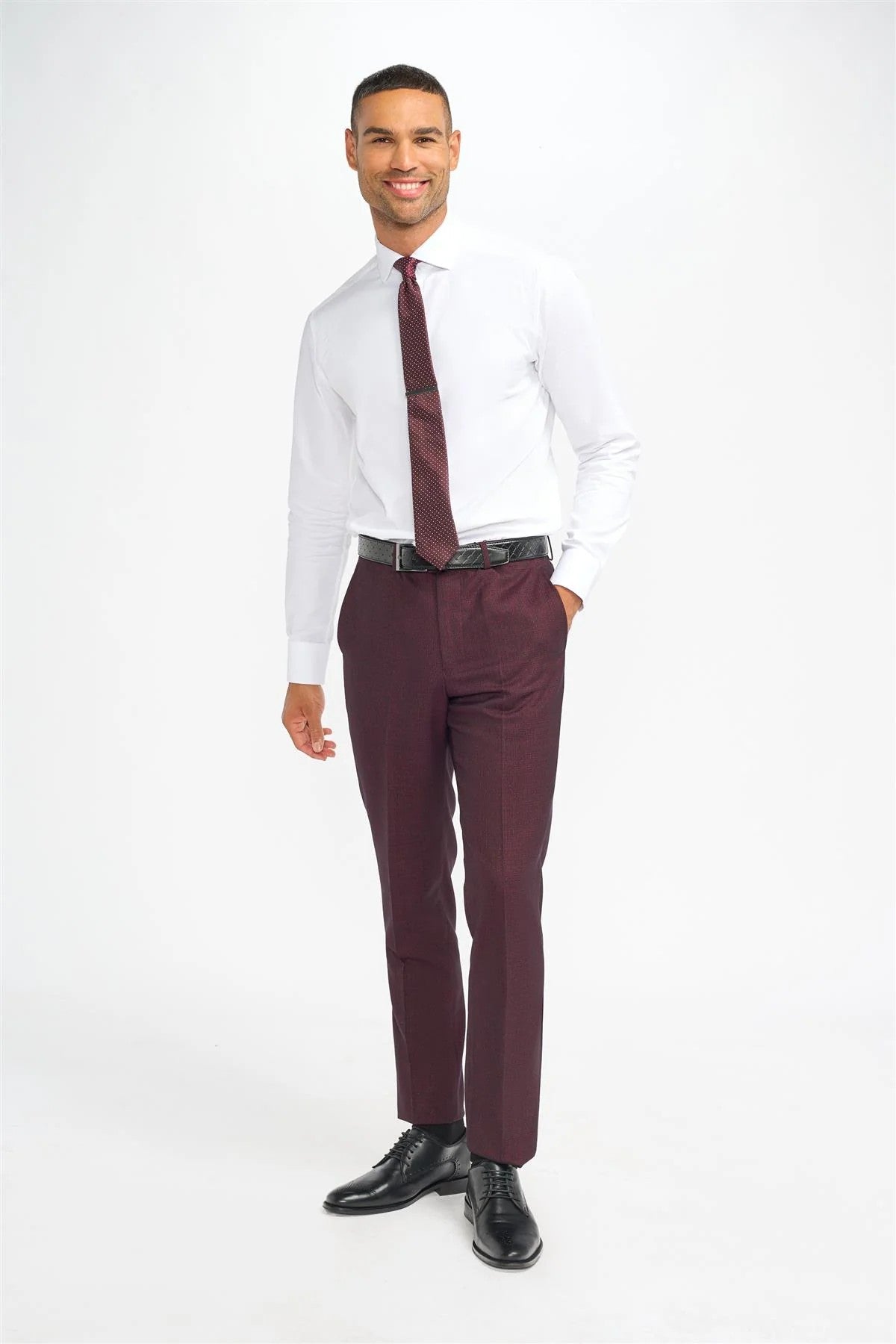 Men's Tweed Glen Check Slim Fit Trousers - CARIDI - Wine