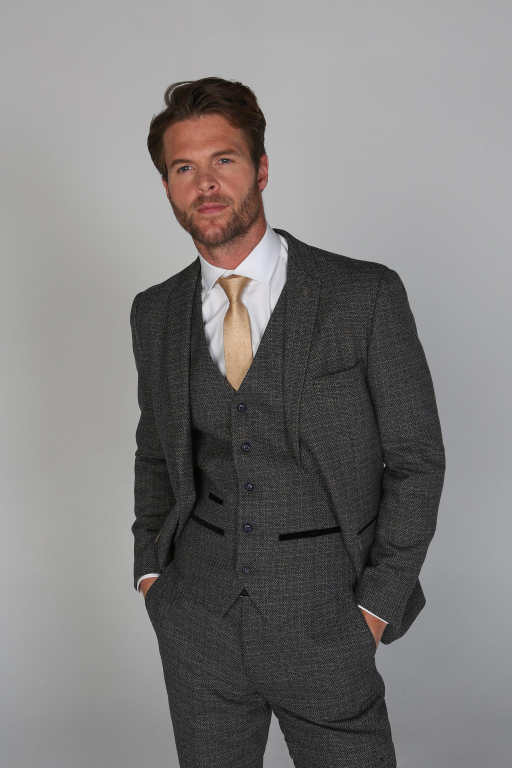 father and son tweed tailored fit navy grey 3-piece suits