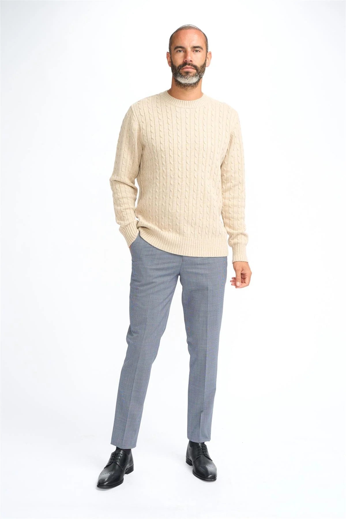 Mens Beige Fawn Wool Cable Knit Pullover Jumper FOSTON