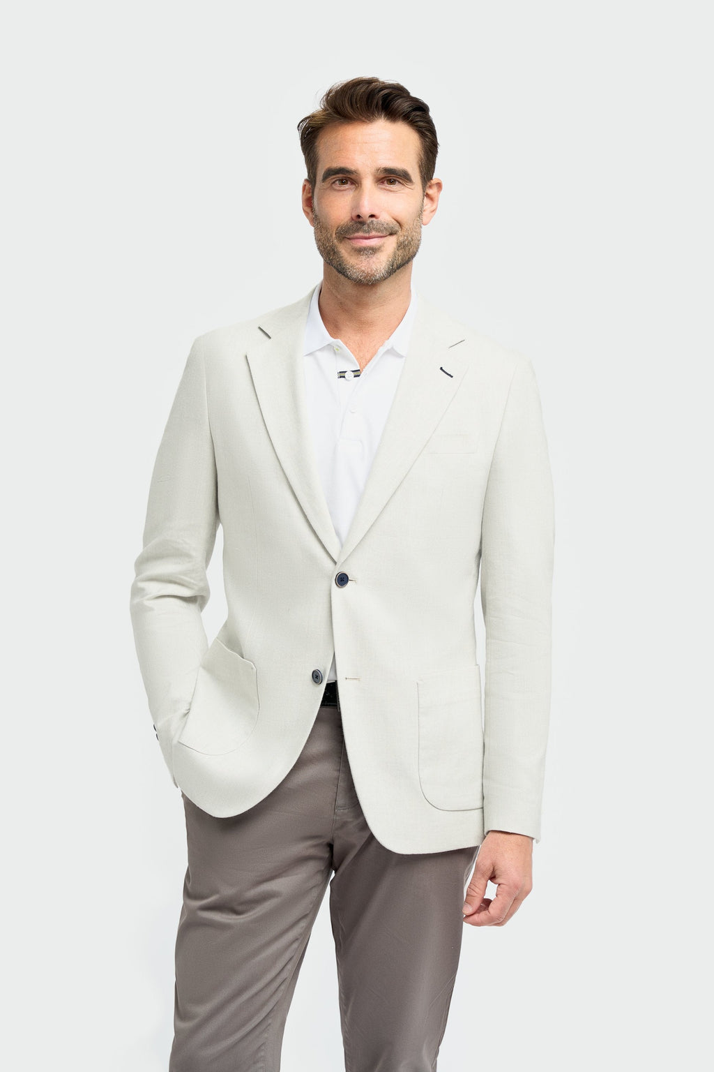 Image of men’s linen herringbone slim fit blazer in sky blue, casual style