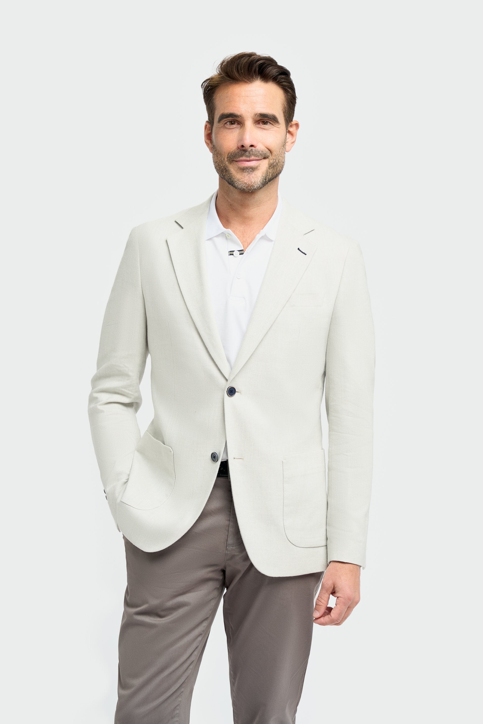 Image of men’s linen herringbone slim fit blazer in sky blue, casual style