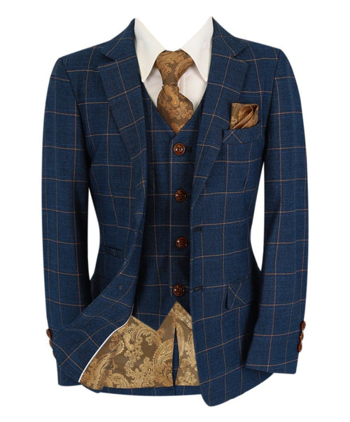 boys’ windowpane check 3-piece tailored fit blue suit