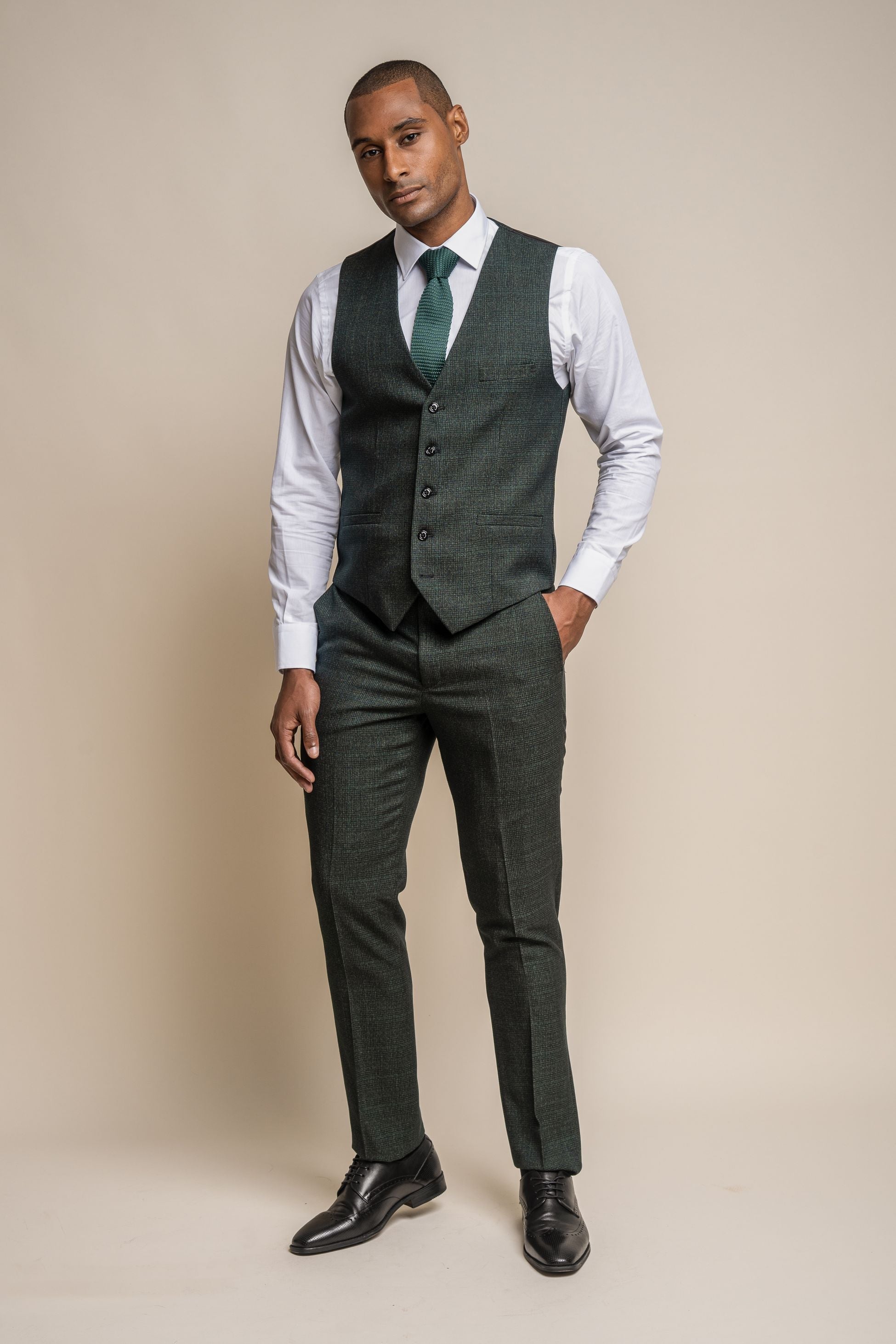 Mens Olive Tweed Glen Check Slim Fit Formal Waistcoat CARIDI