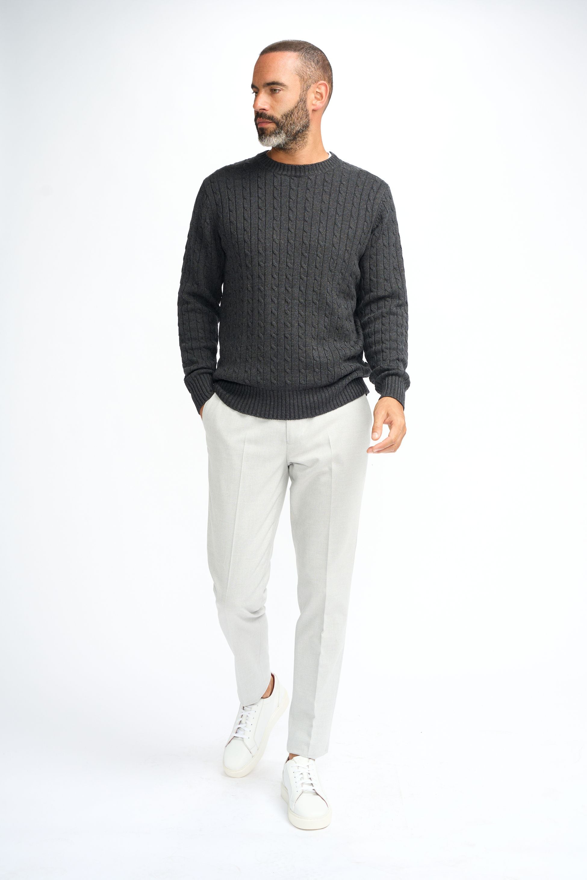 Mens Charcoal Grey Wool Cable Knit Pullover Jumper FOSTON