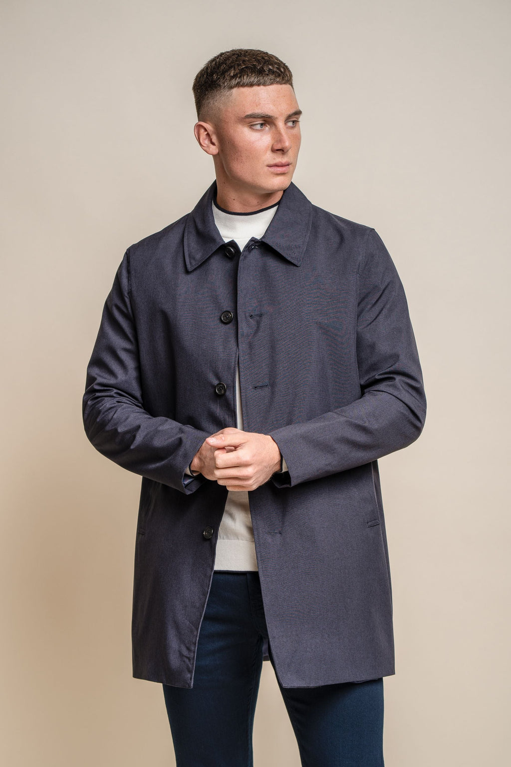 Men’s midi-length Geke coat with removable zipper in navy blue, BRANDO.