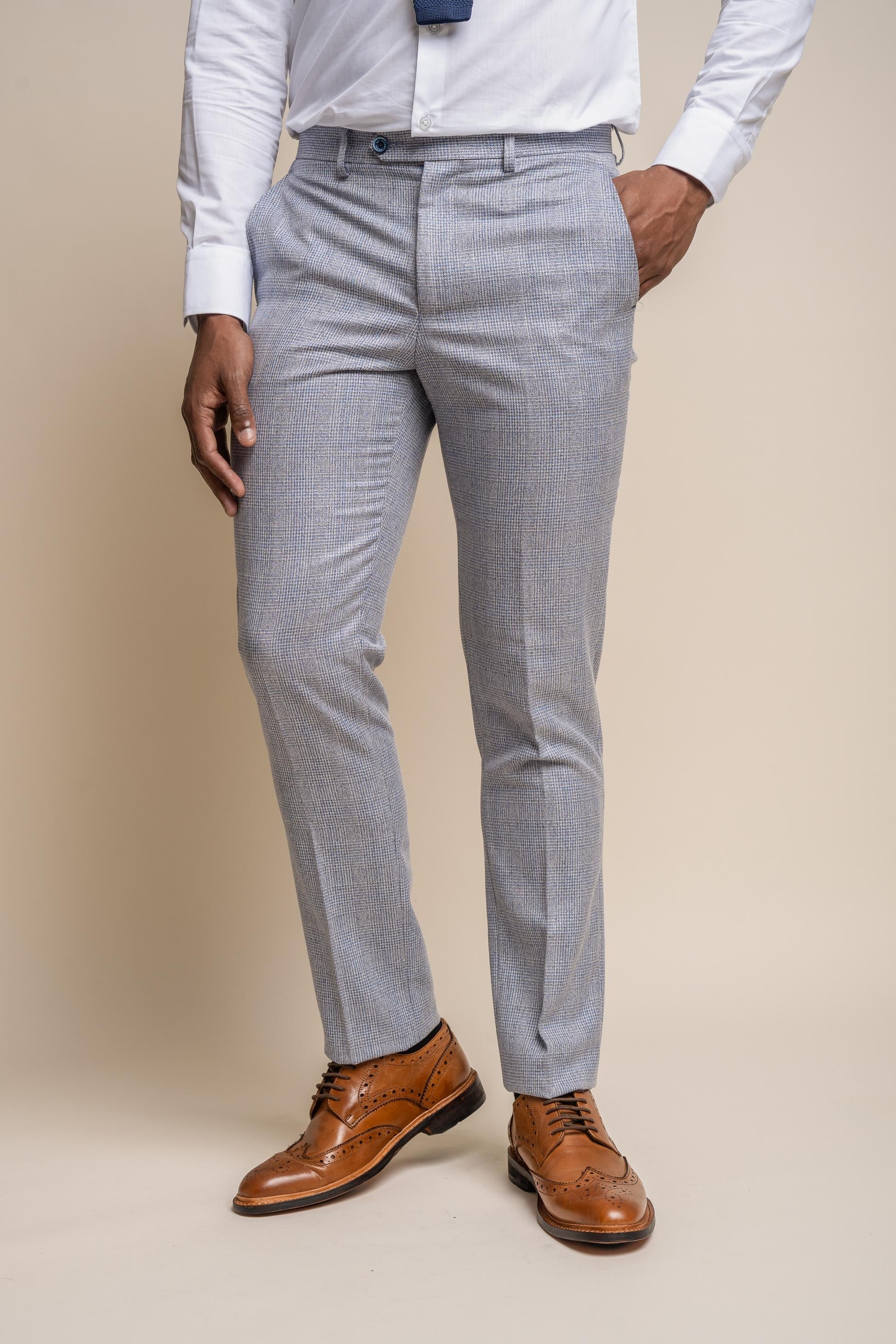 Men's Tweed Glen Check Slim Fit Trousers - CARIDI - Blue
