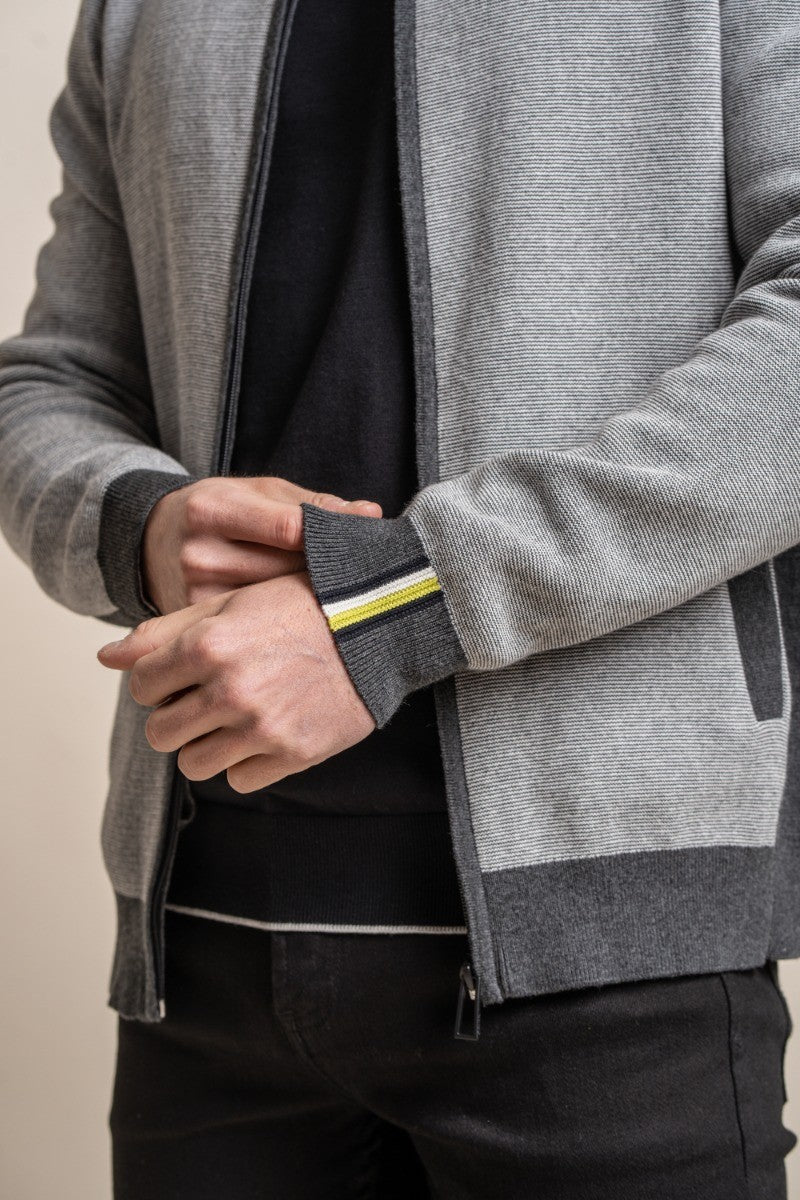 Mens Light Grey Knitted Cotton Slim Fit Cardigan Jacket ARTEGA