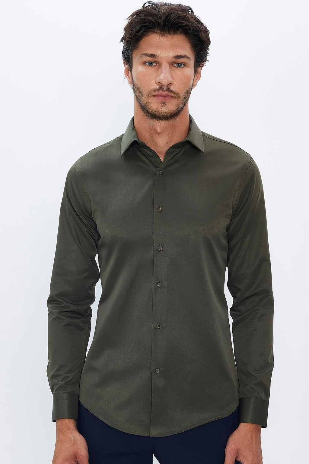 Mens Dimi Dotti Khaki Green Cotton Blend Slim Fit Dress Shirt