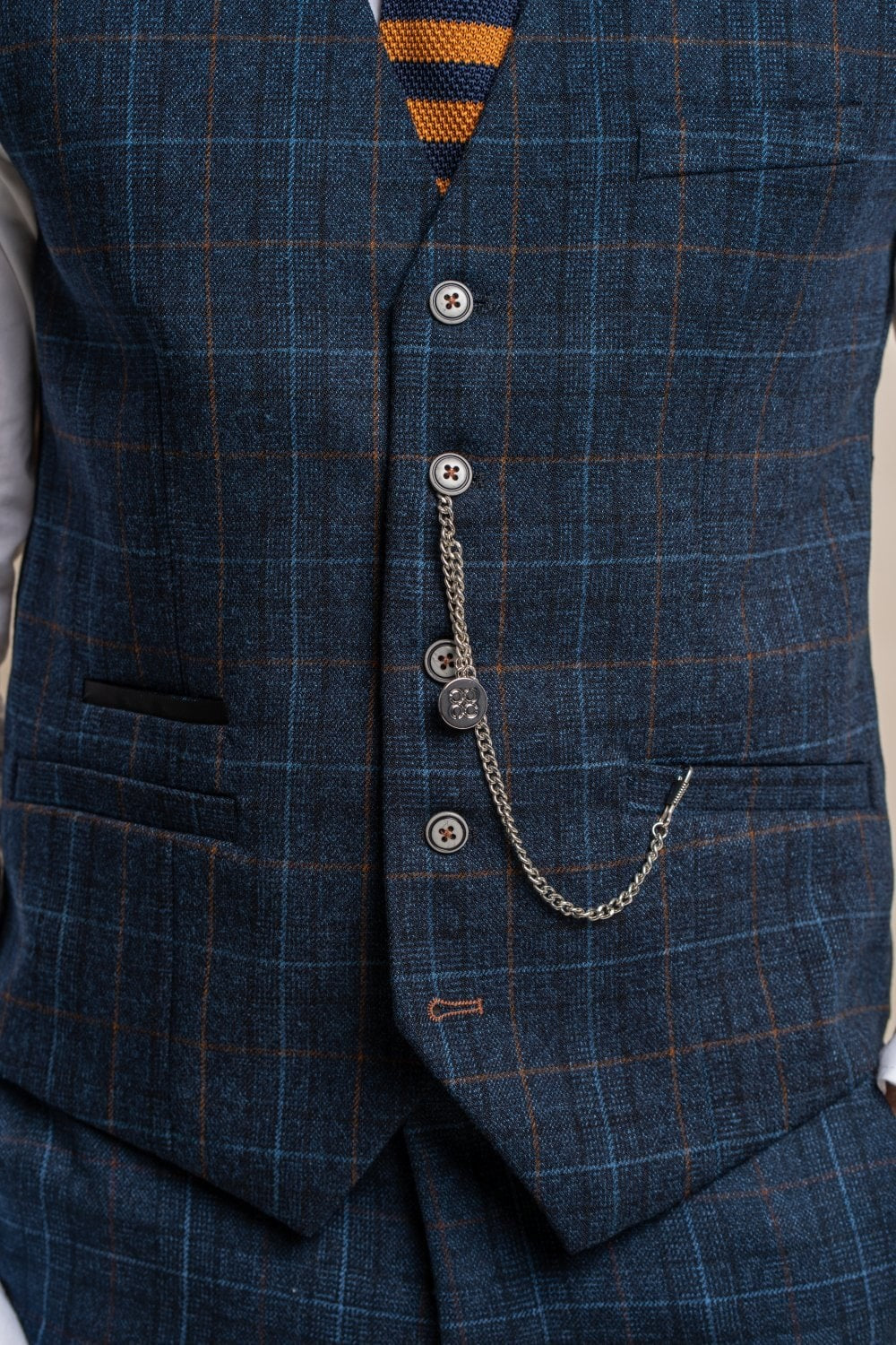Mens Navy Tweed Windowpane Check Waistcoat CODY