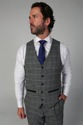 Mens grey tweed retro windowpane waistcoat Harris