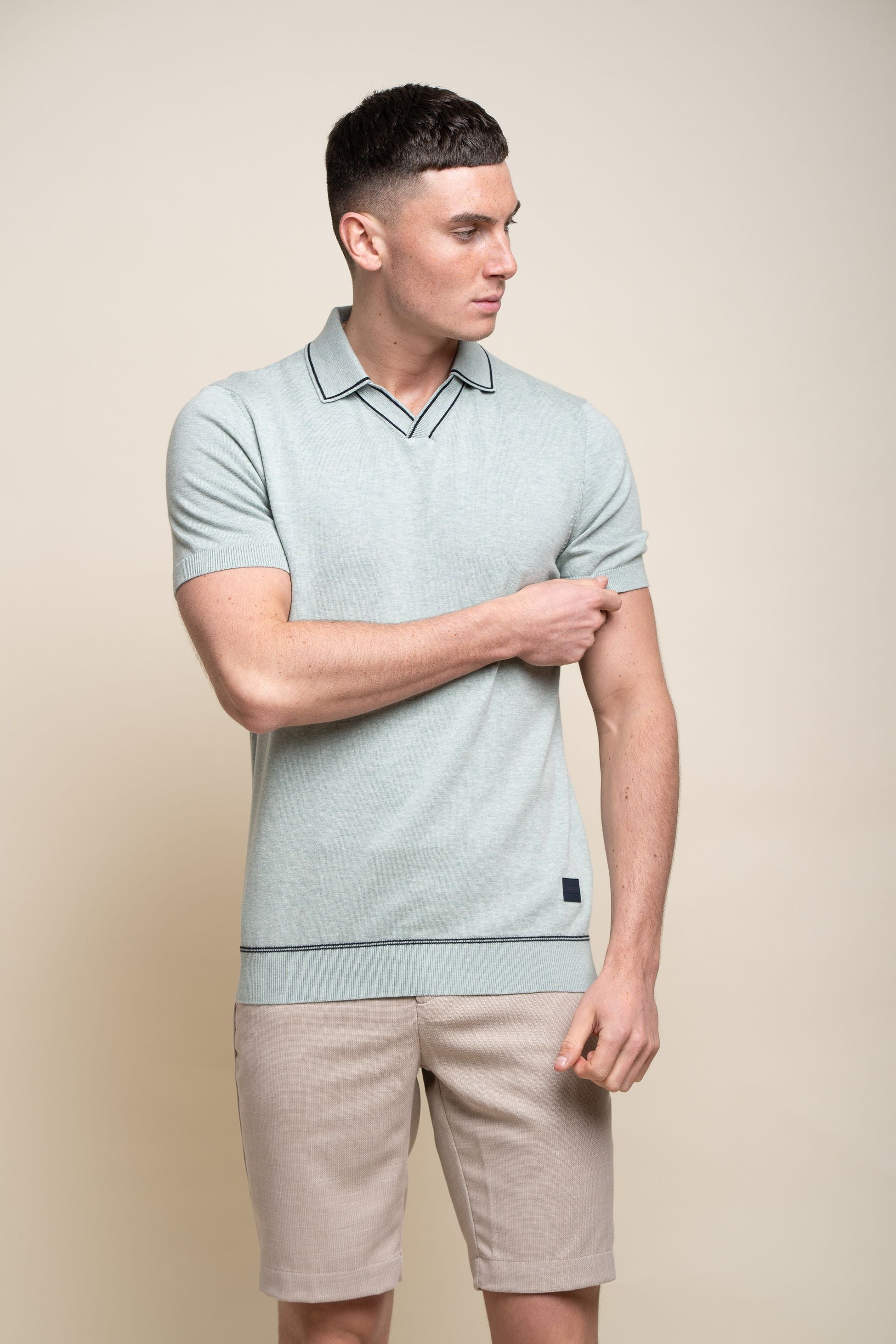 Men’s cotton knit polo, short sleeve, ecru to almond
