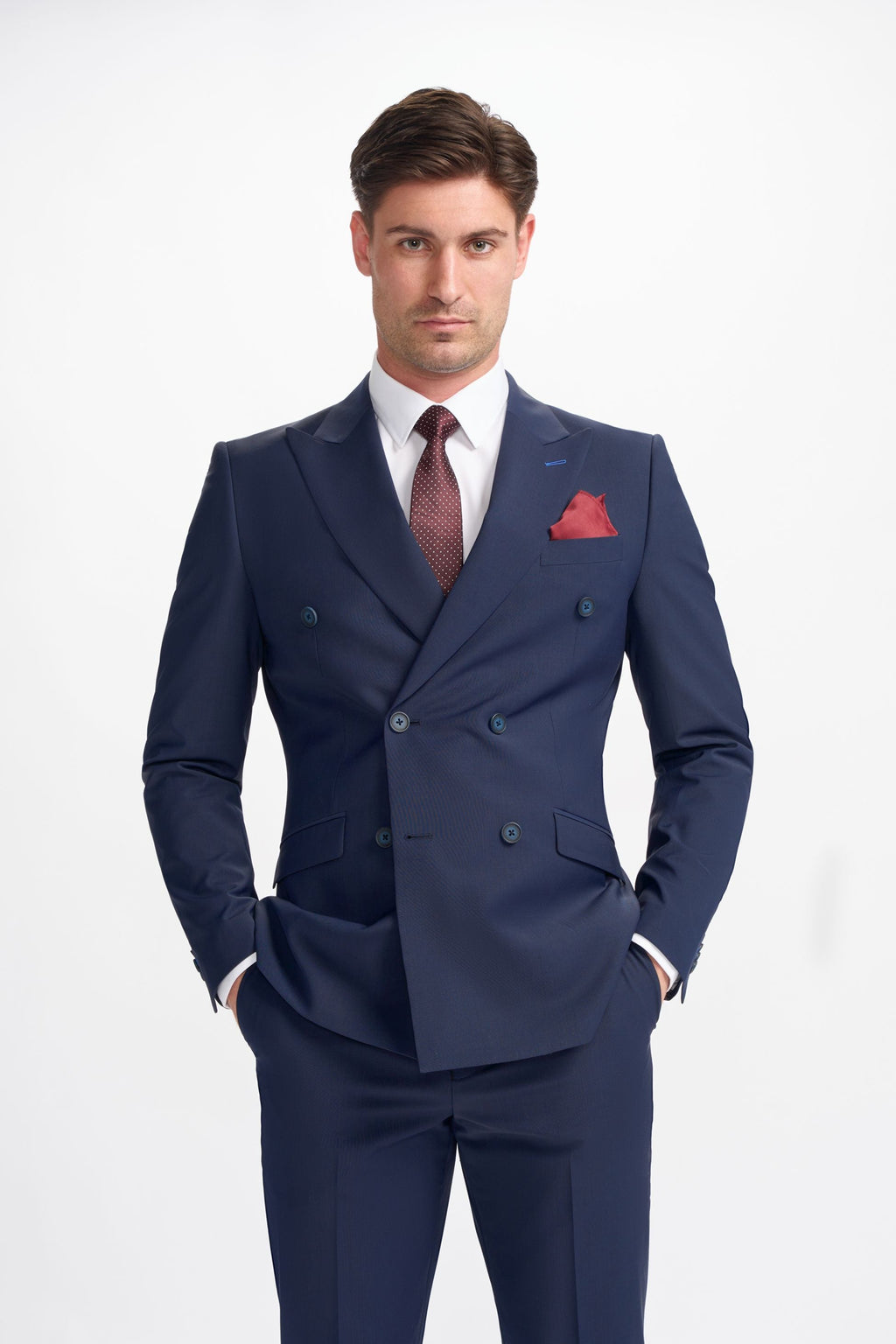 BOND D/B Navy Blue Men's Wool Blend Double-Breasted Suit