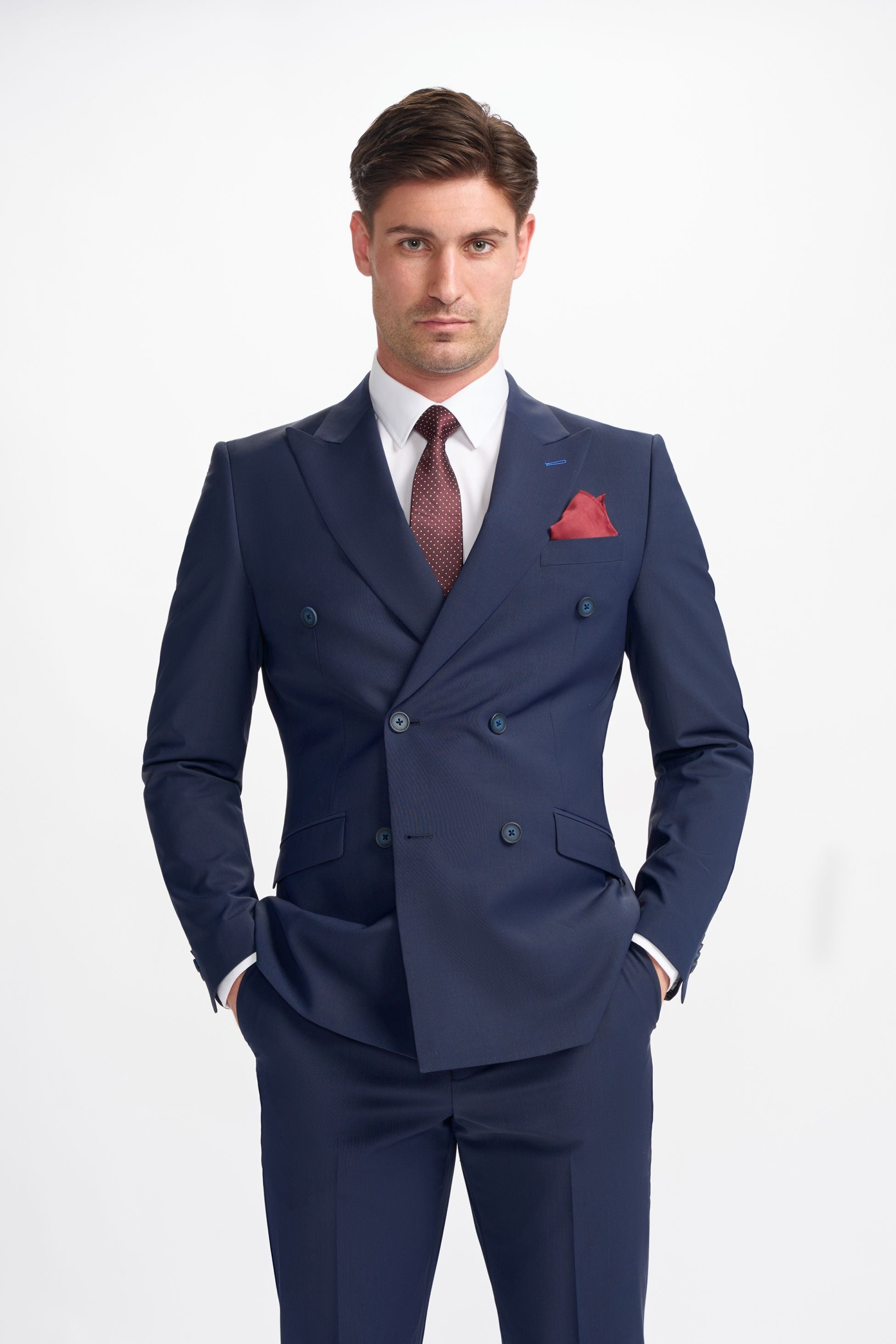 BOND D/B Navy Blue Men's Wool Blend Double-Breasted Suit