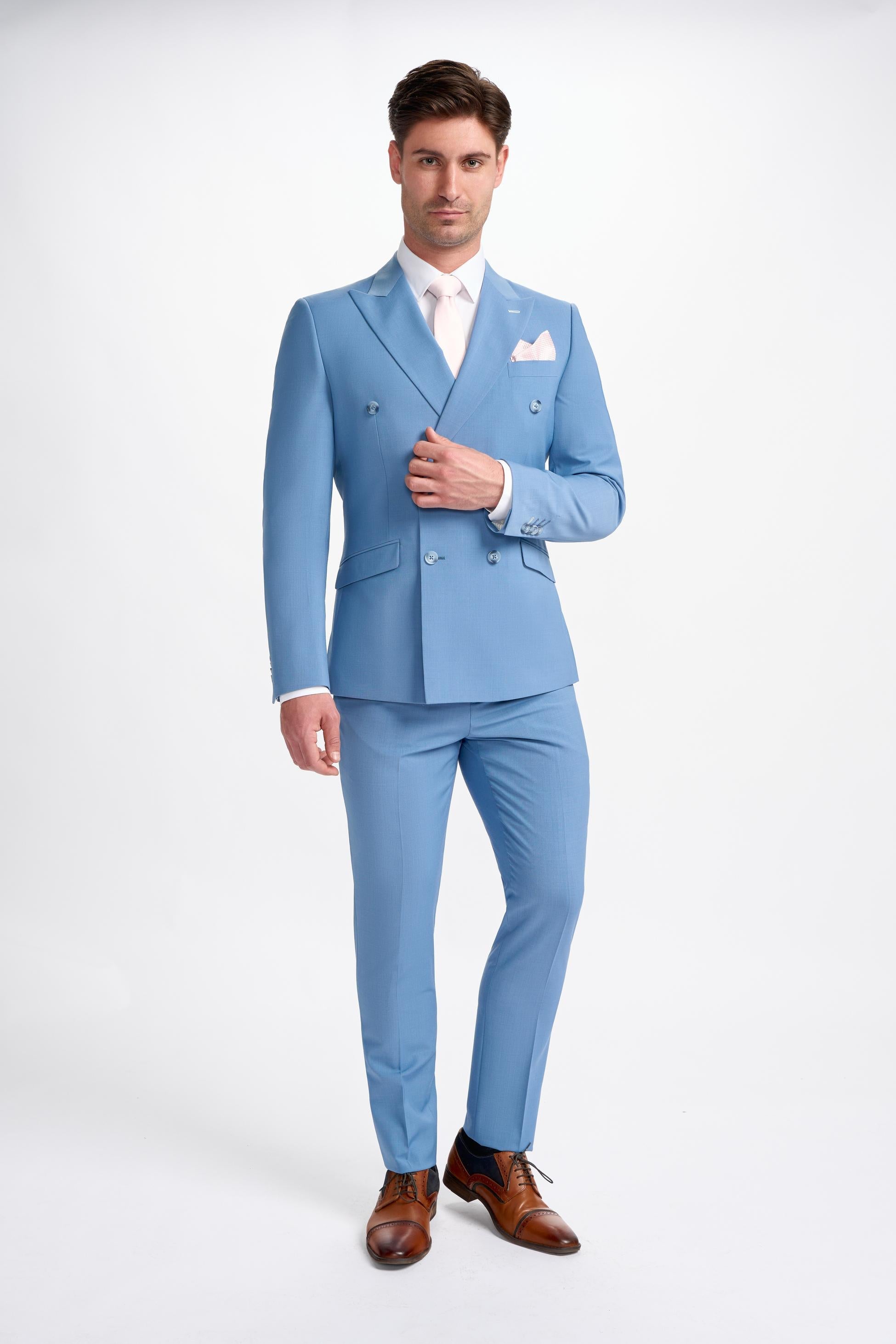 Mens Ocean Blue Wool Blend Double Breasted Suit Jacket BOND