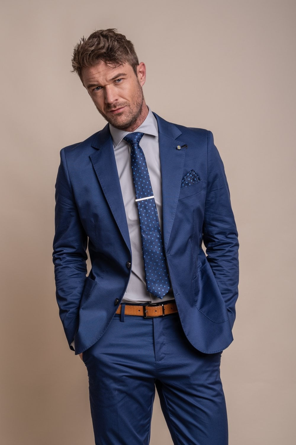 MARIO Electric Blue Men's Cotton Slim Fit Formal Suit