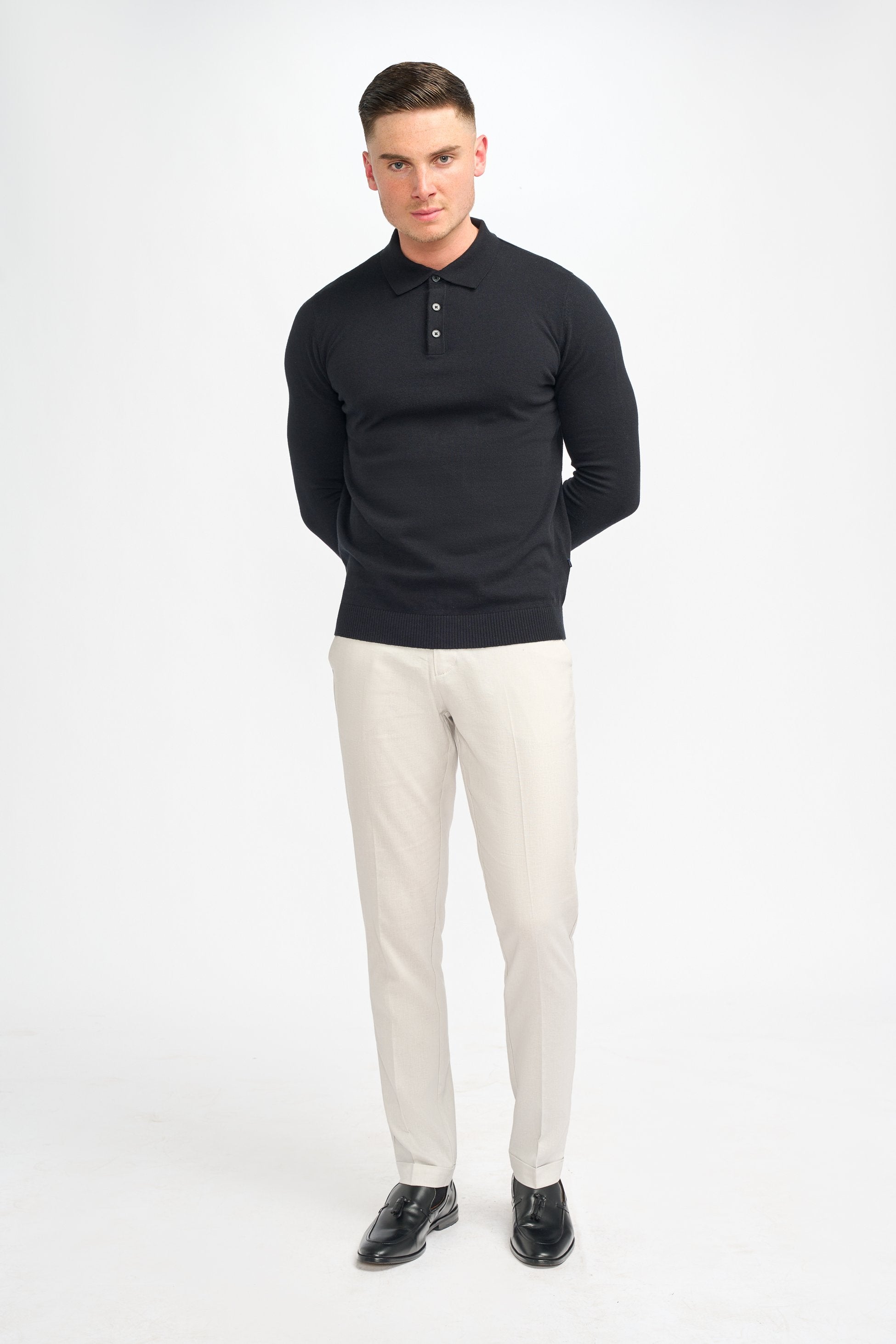 Mens Black Wool Knit Long Sleeve Polo Shirt BOOM