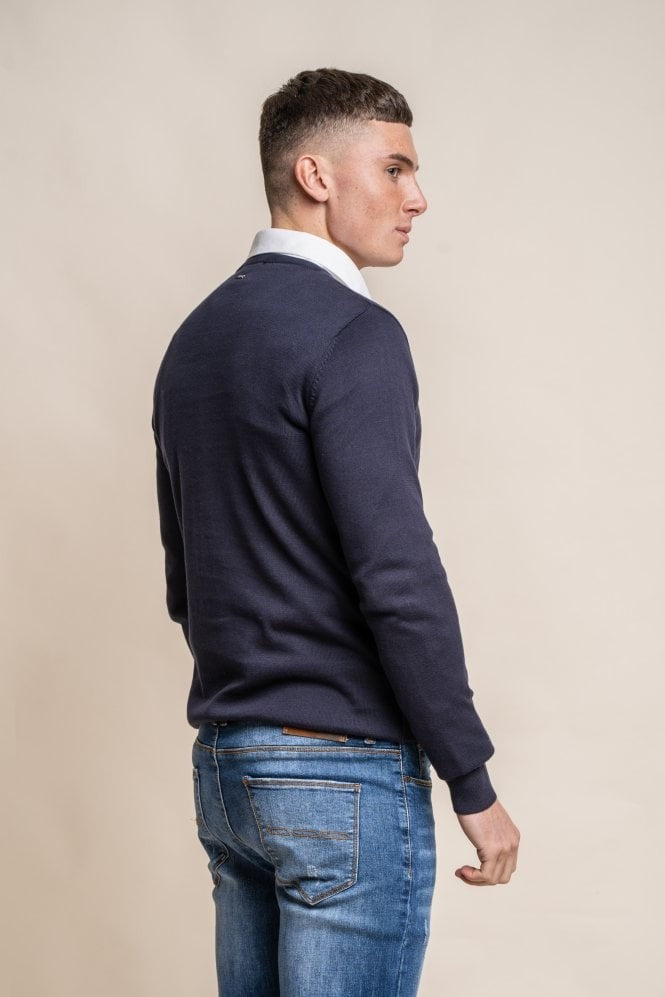 Mens Navy Blue Cotton Slim Fit Crewneck Jumper