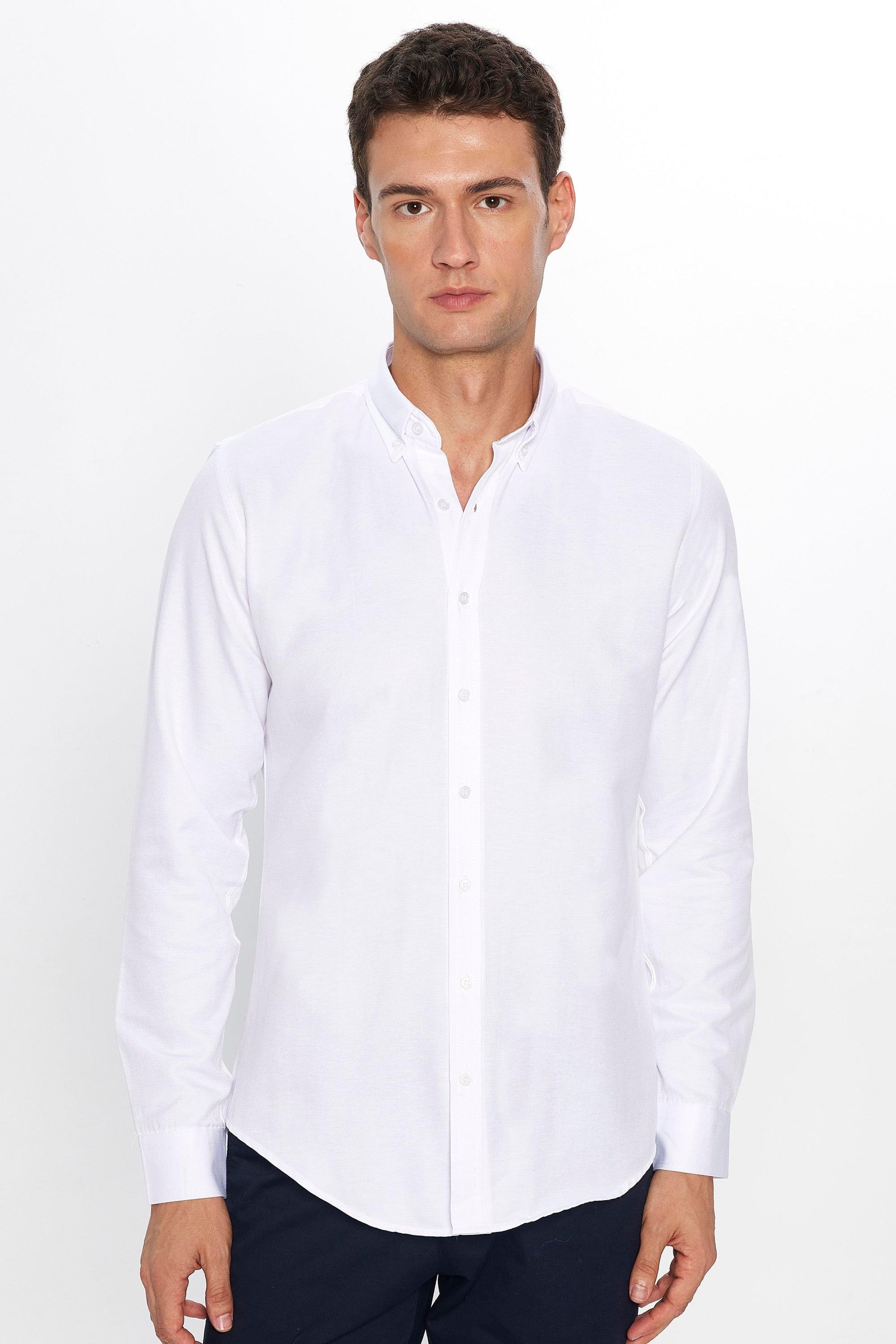 Mens Gabardin White Slim Fit Cotton Oxford Button Down Shirt
