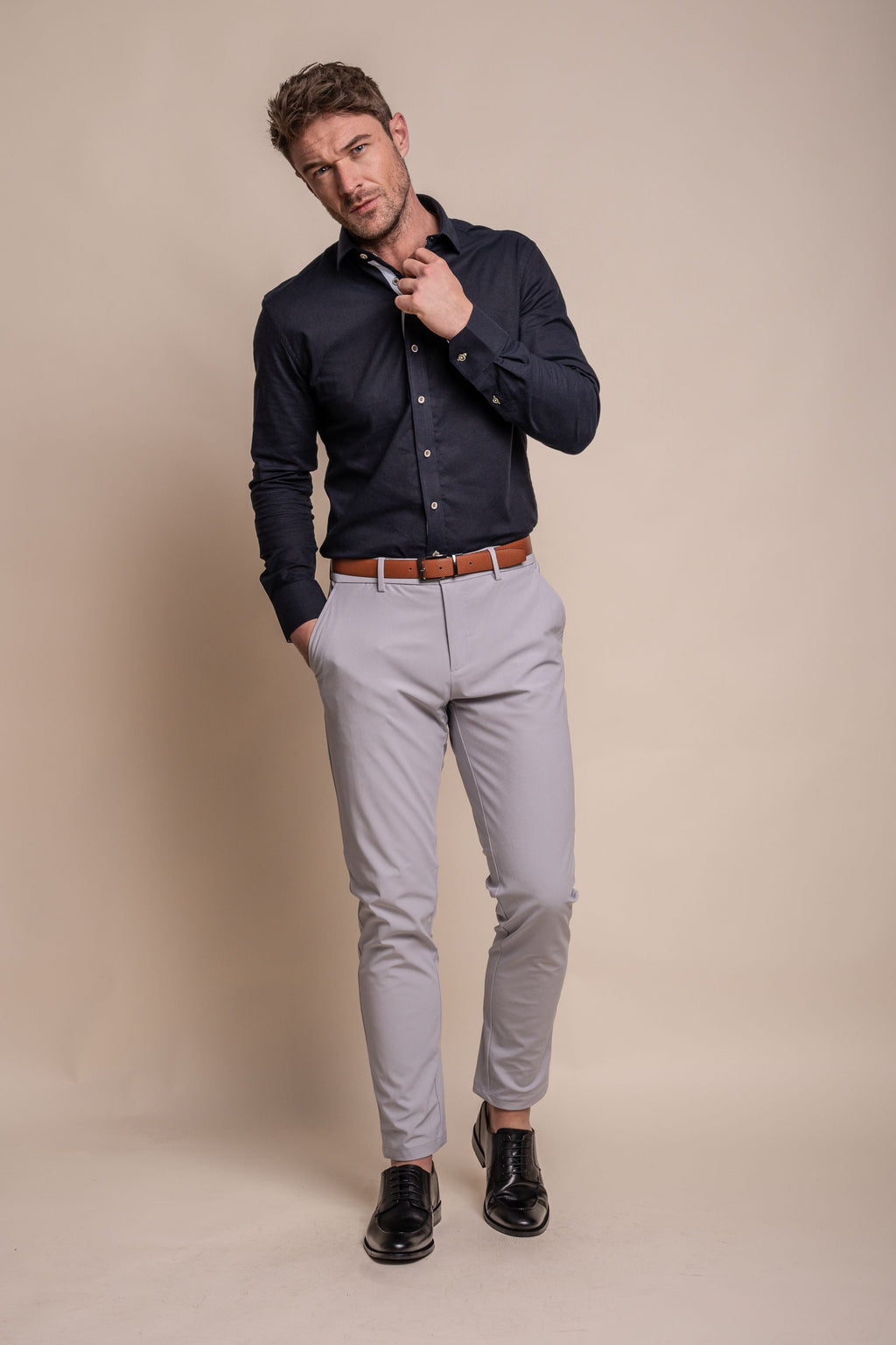 Mens Jordi Navy Blue Linen Long Sleeve Shirt
