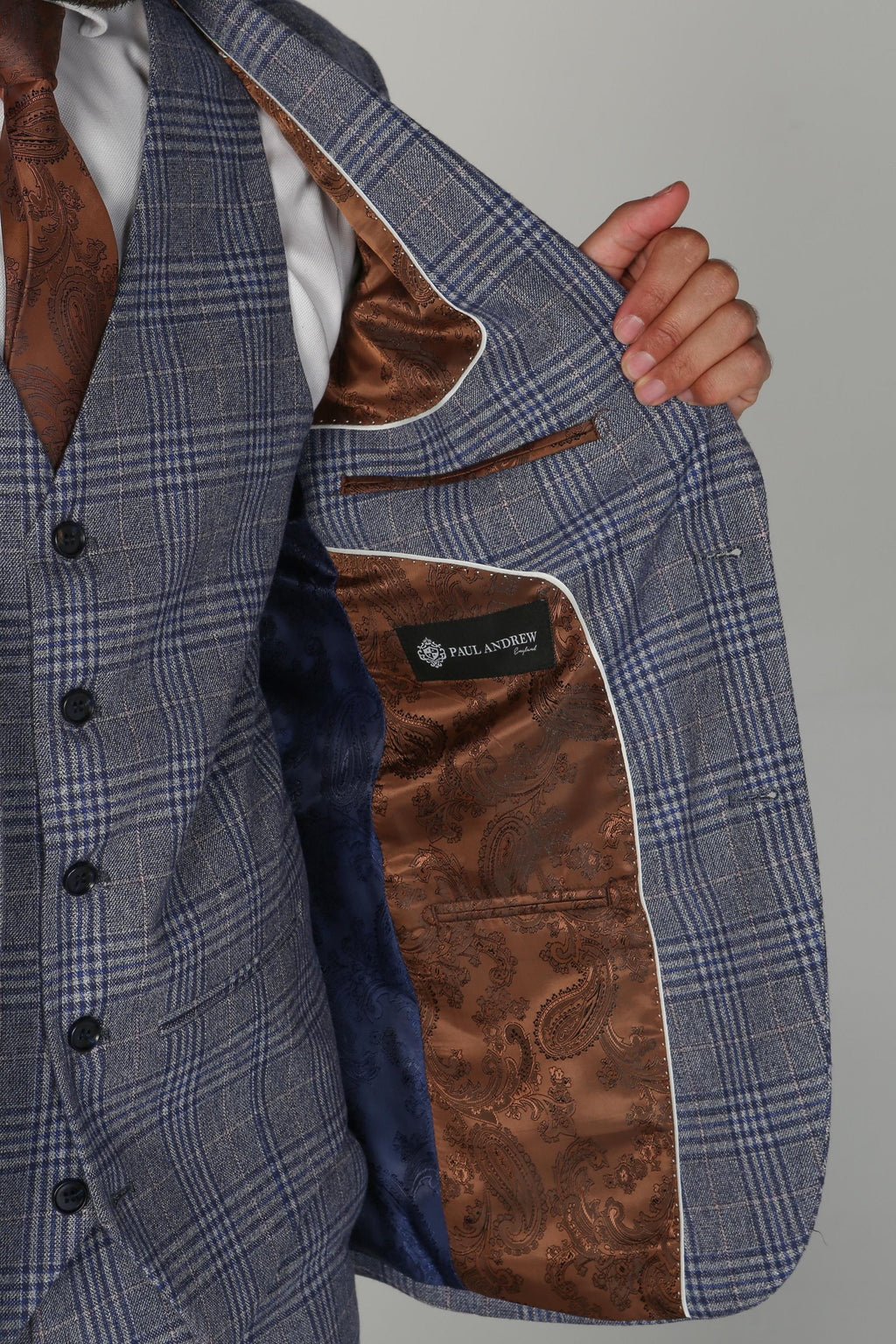 Men's Retro Check Tailored Fit Blue Suit Jacket - VIKTOR - Blue