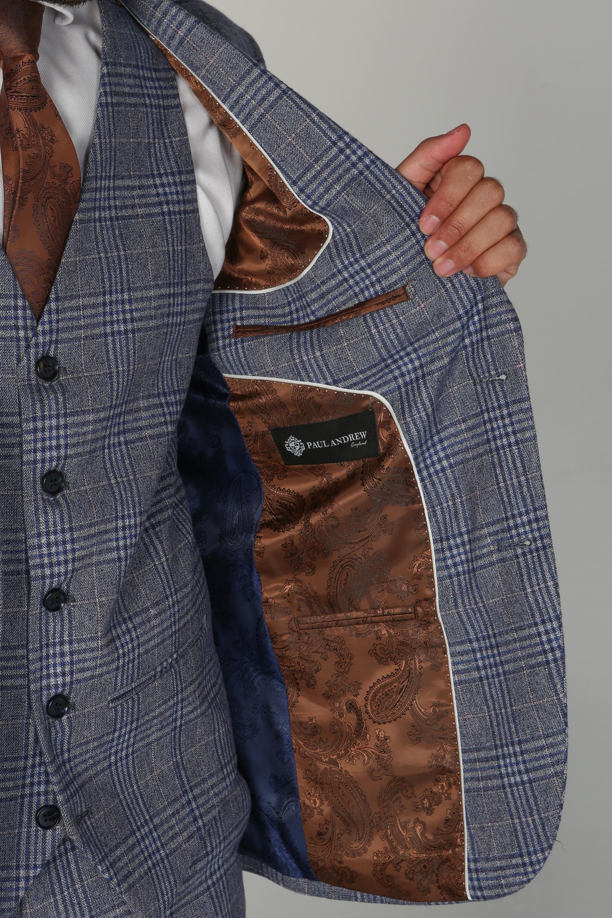 Men's Retro Check Tailored Fit Blue Suit Jacket - VIKTOR - Blue