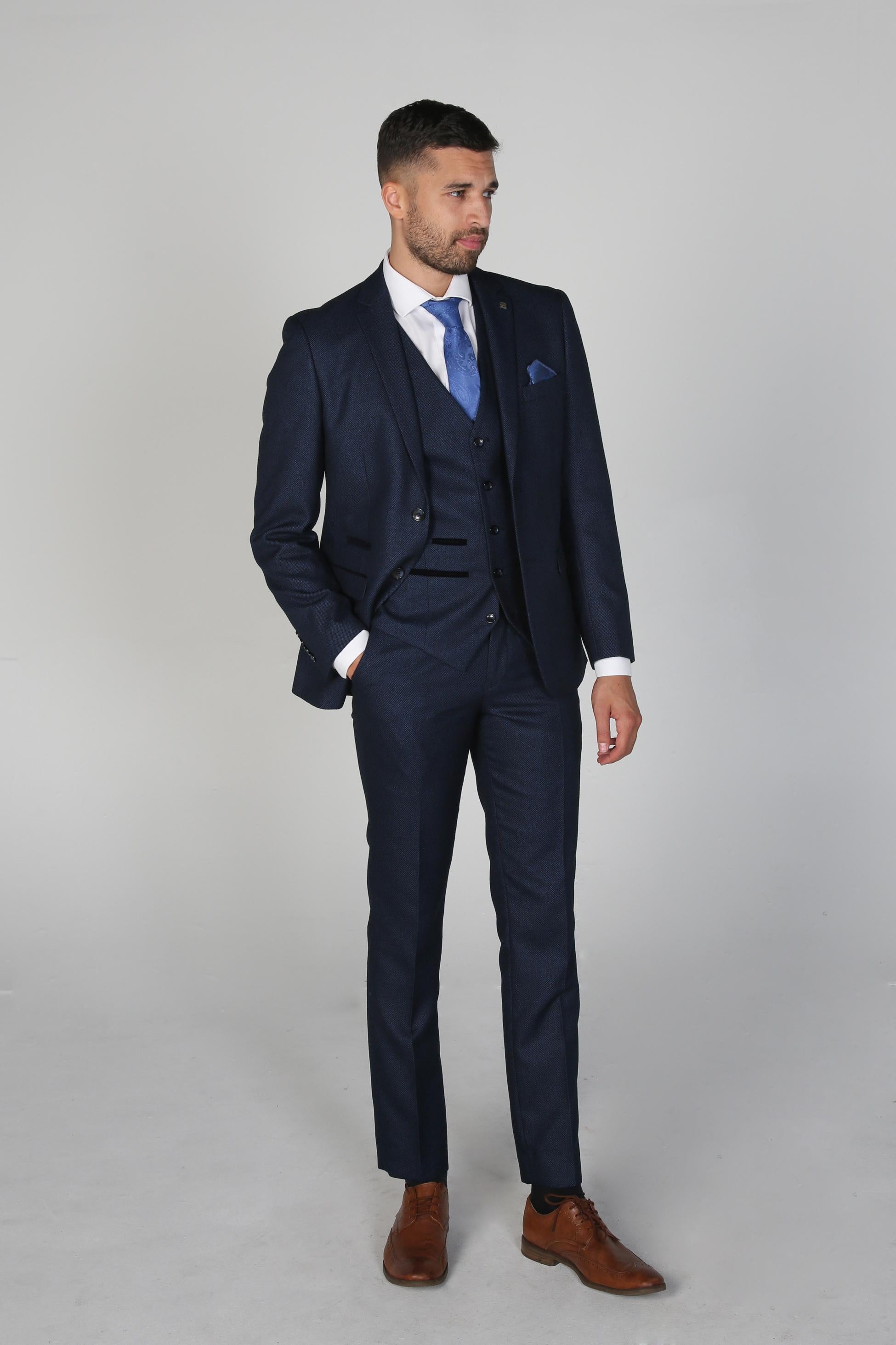 Mens Navy Blue Textured Formal Suit ARTHUR