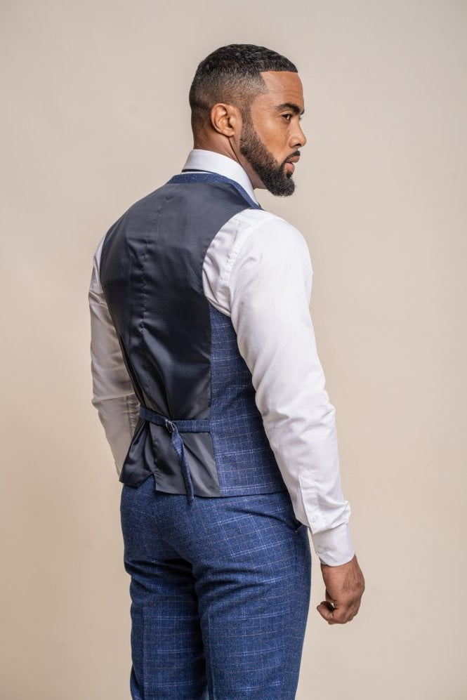 Mens Navy Tweed Check Slim Fit Waistcoat KAISER