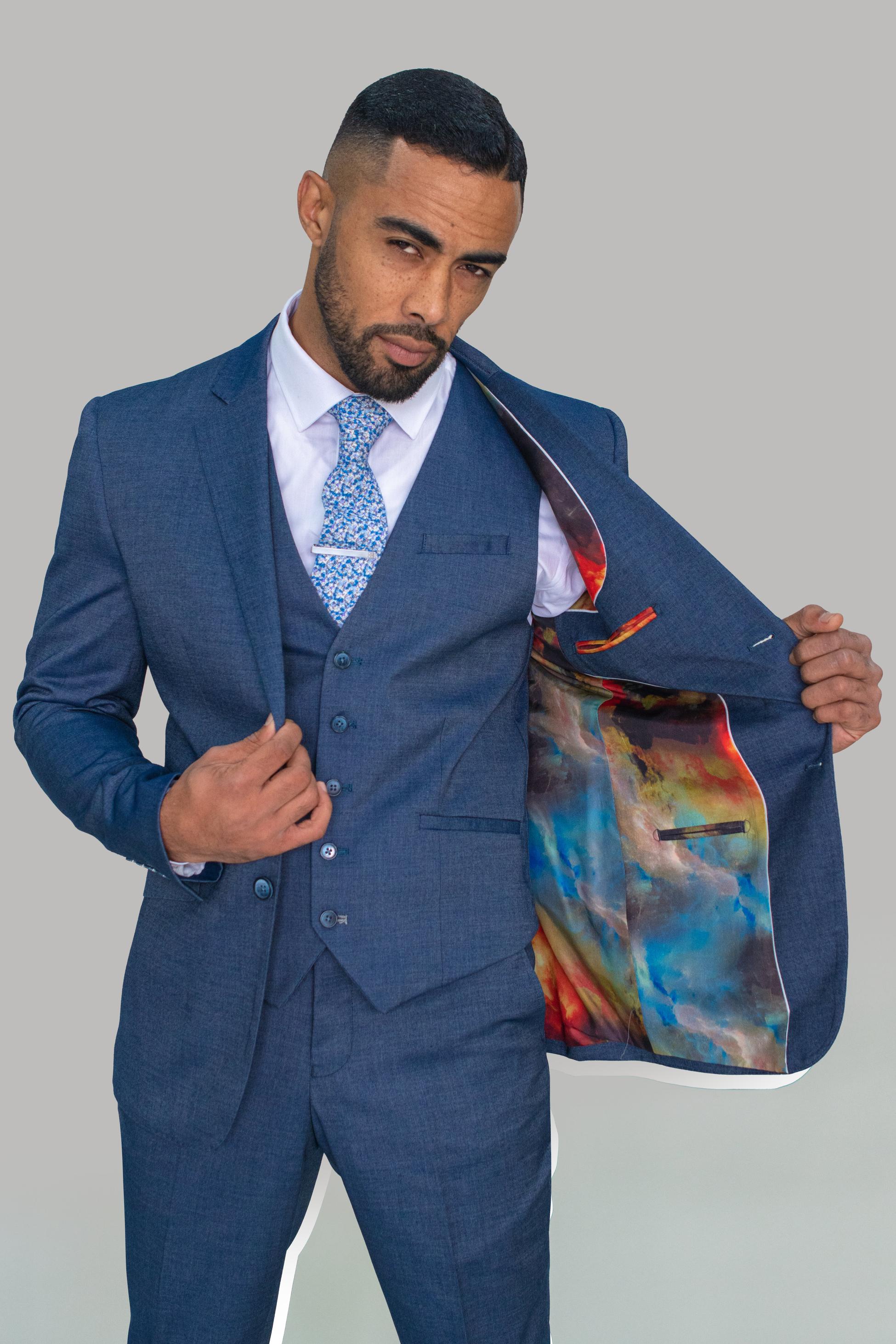 Mens Steel Blue Denim Look Slim Fit Formal Suit STEELE